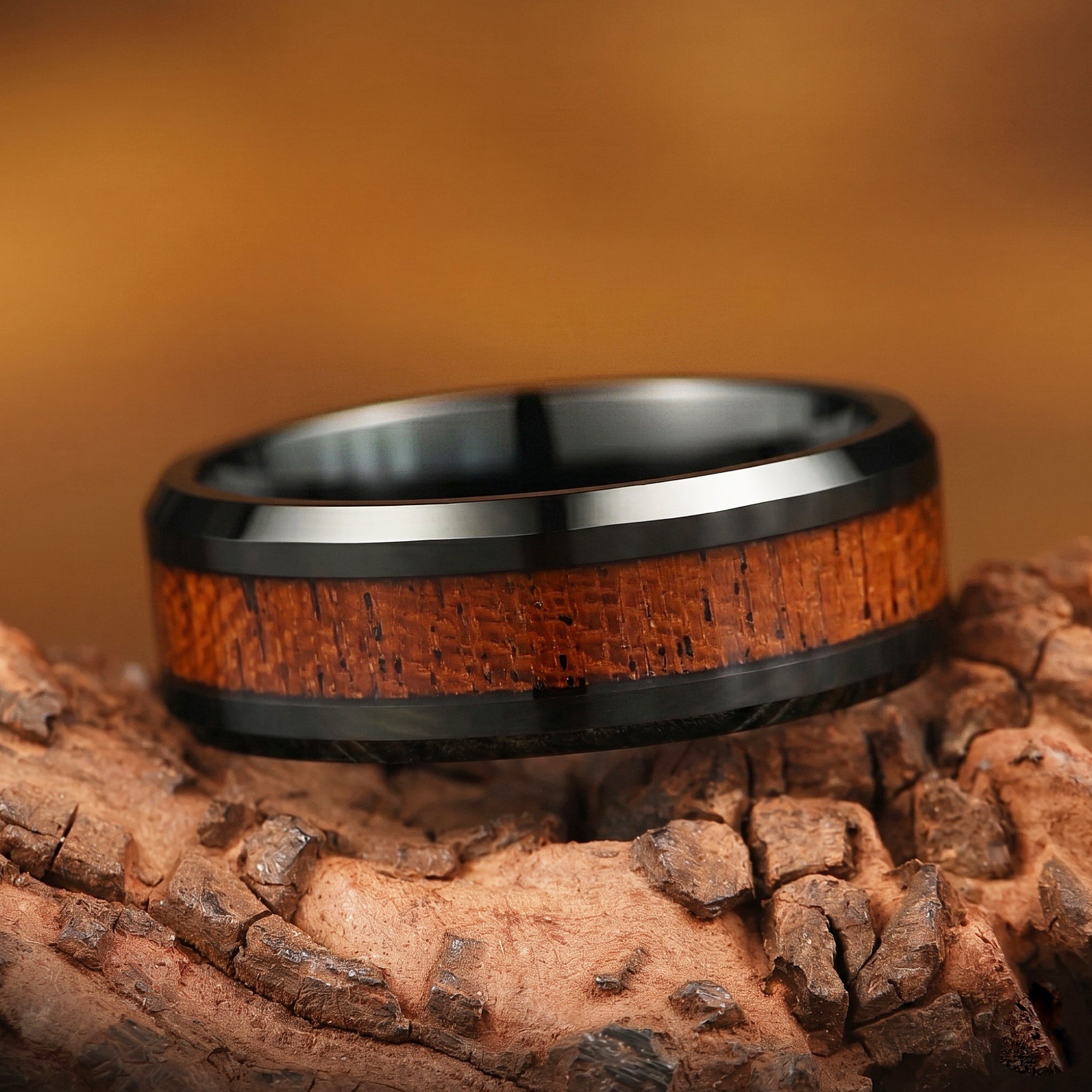 Mens Black Wedding Band Wood Main View