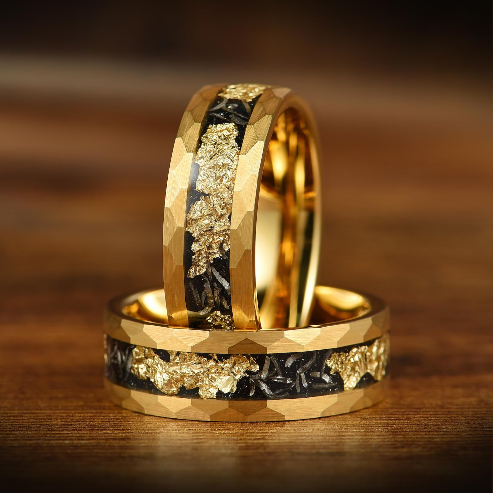 Mens gold ring with hammered finish and meteorite inlay main view
