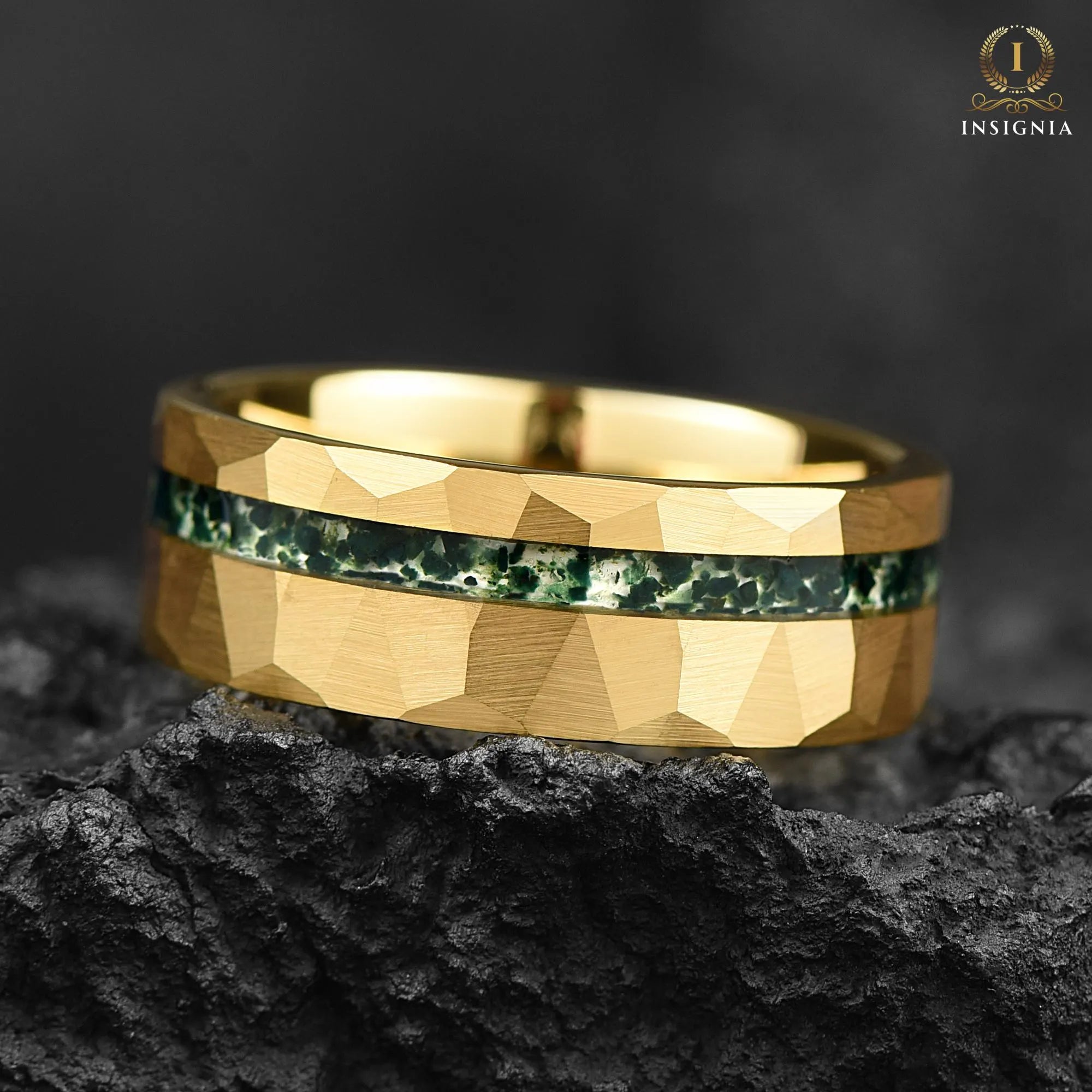 Mens Gold Wedding Band Moss Agate Angle View