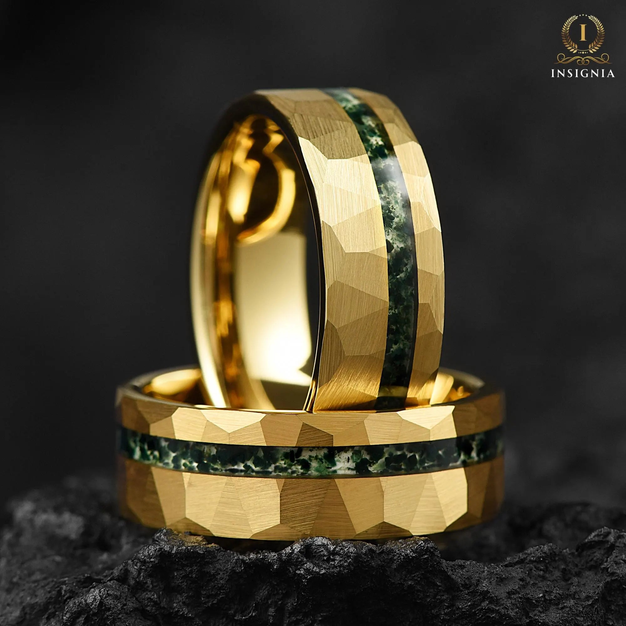 Mens Gold Wedding Band Moss Agate Closeup View