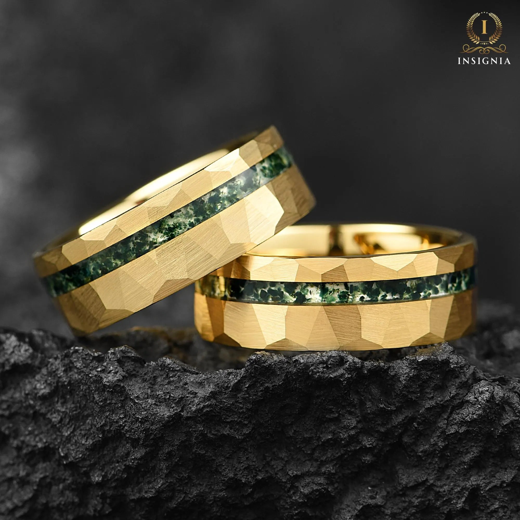 Mens Gold Wedding Band Moss Agate Horizontal View