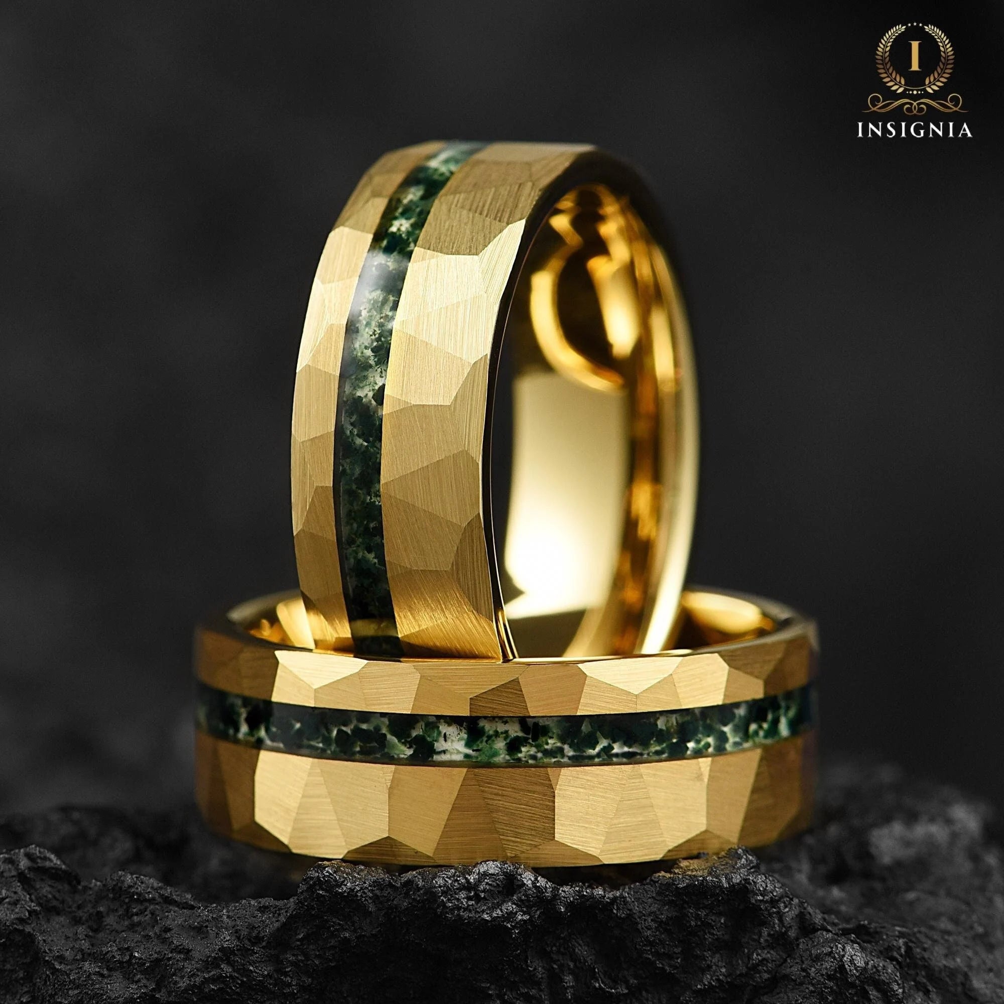 Mens Gold Wedding Band Moss Agate Left View