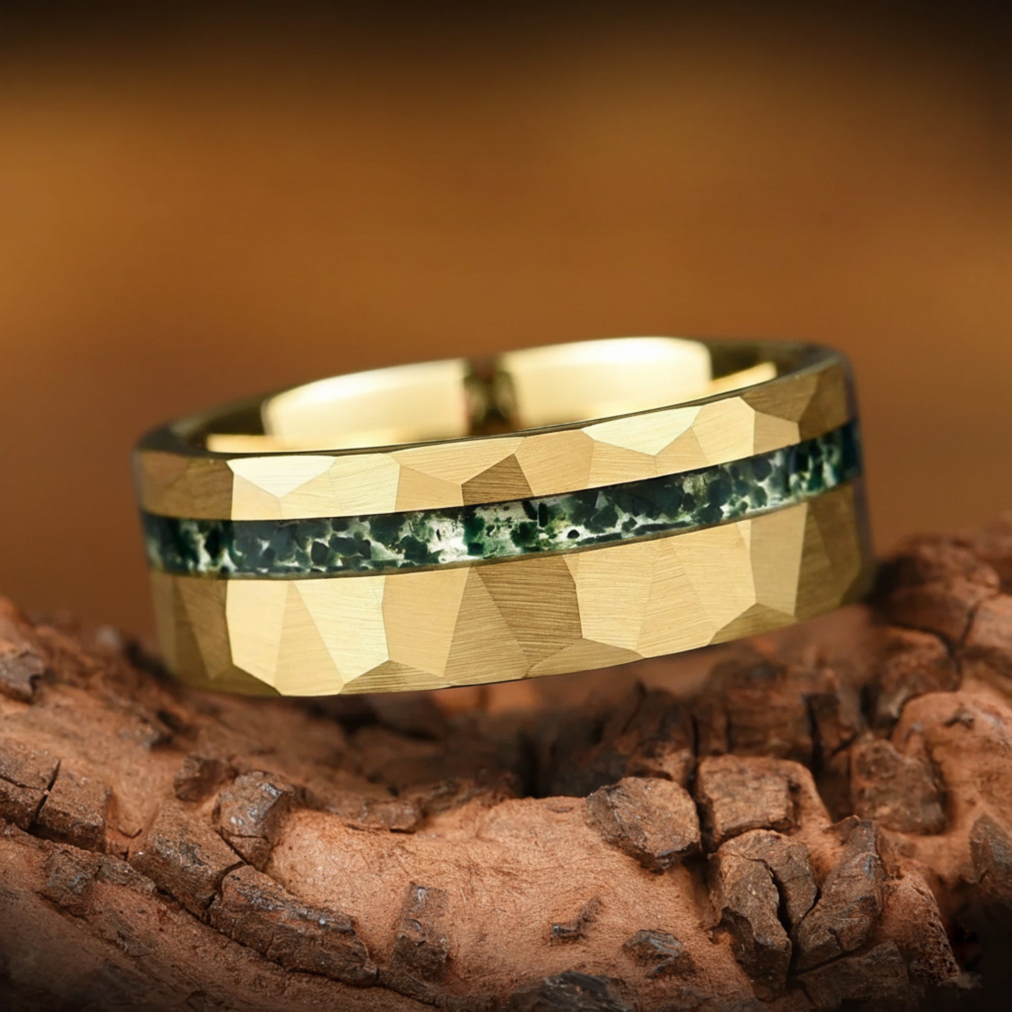 Mens Gold Wedding Band Moss Agate Main View