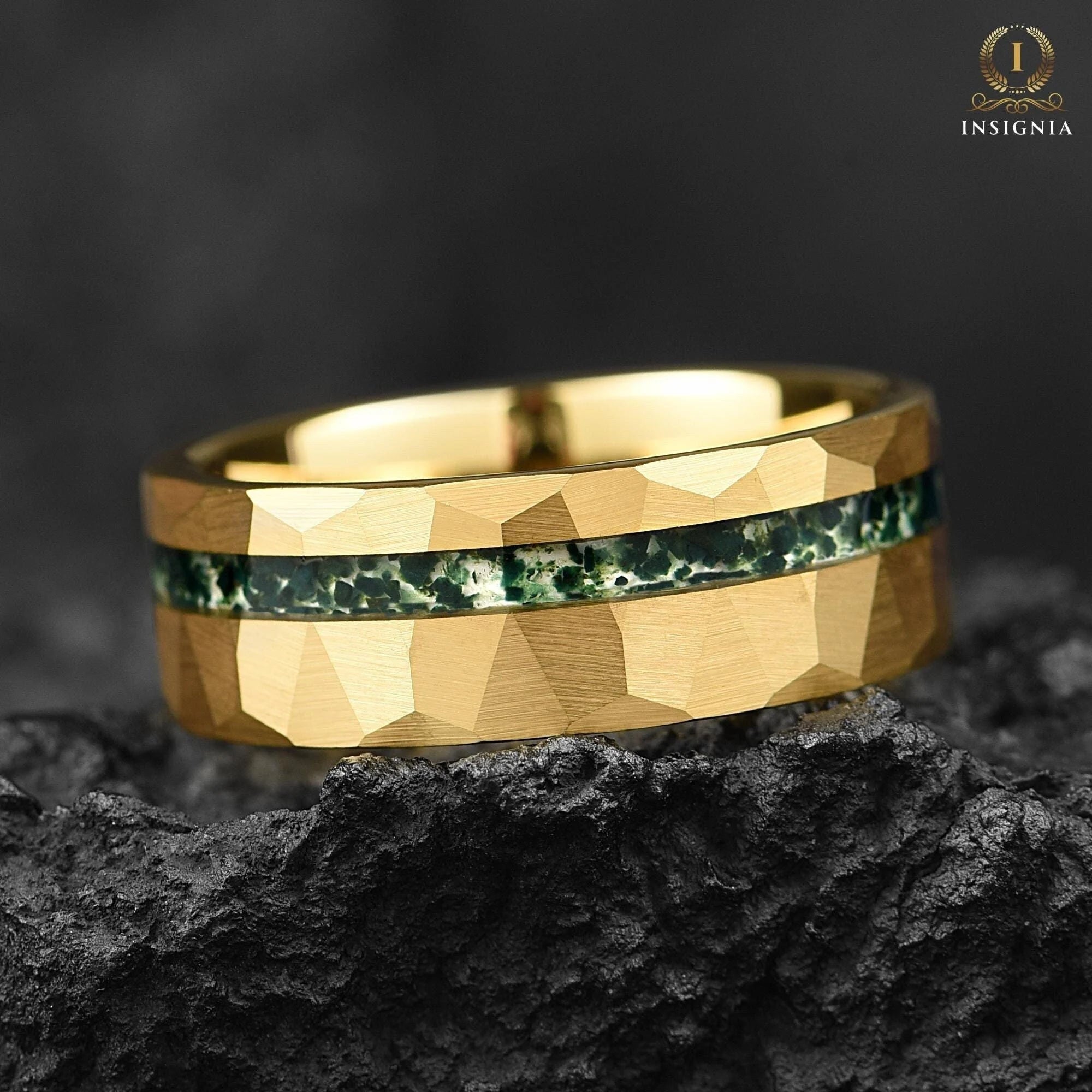 Mens Gold Wedding Band Moss Agate Main View