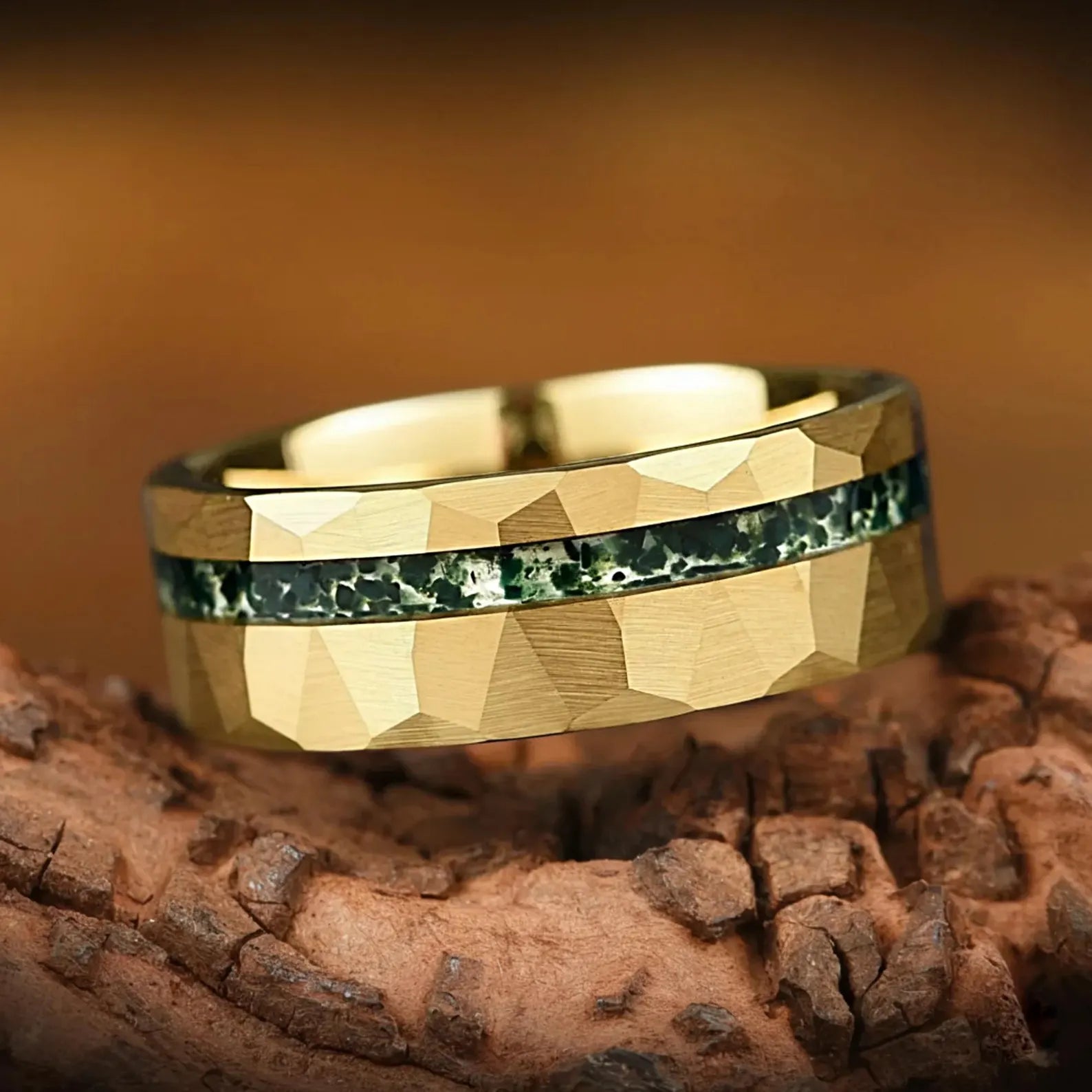Mens Gold Wedding Band Moss Agate Main View