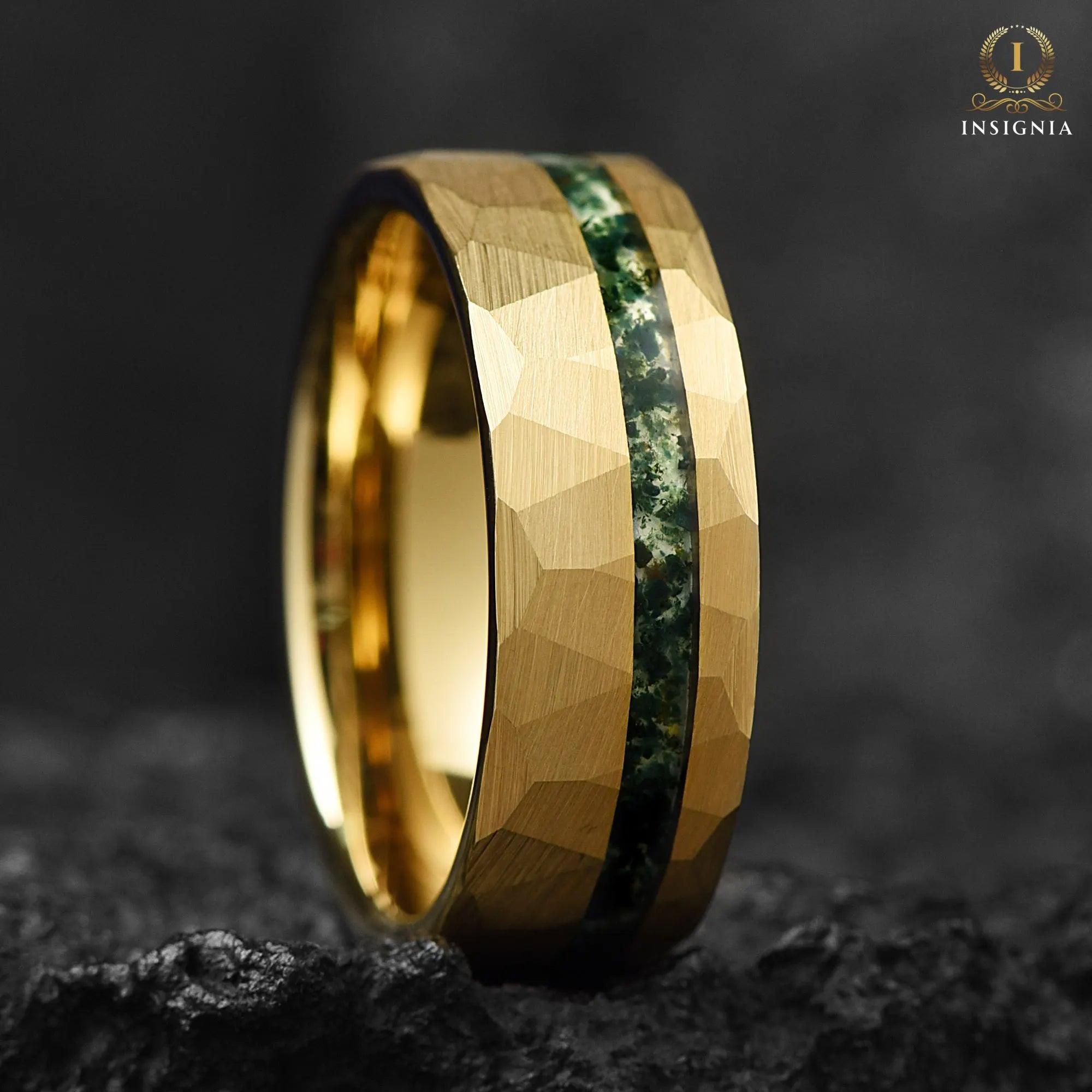 Mens Gold Wedding Band Moss Agate Right View