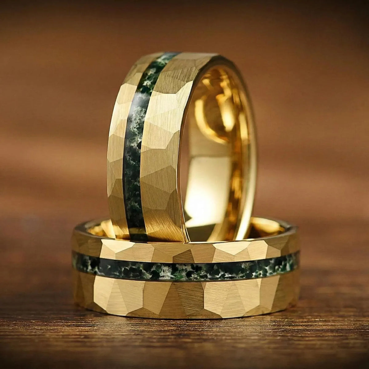 Mens gold wedding band moss agate side view UK handmade ring