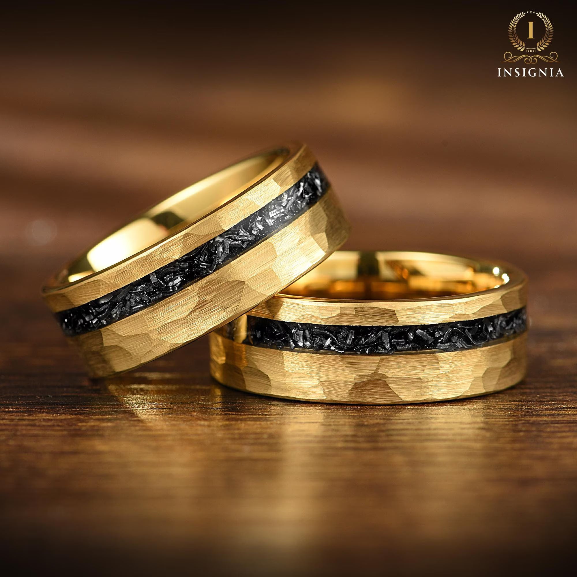 Mens Gold Wedding Bands Meteorite Angle View