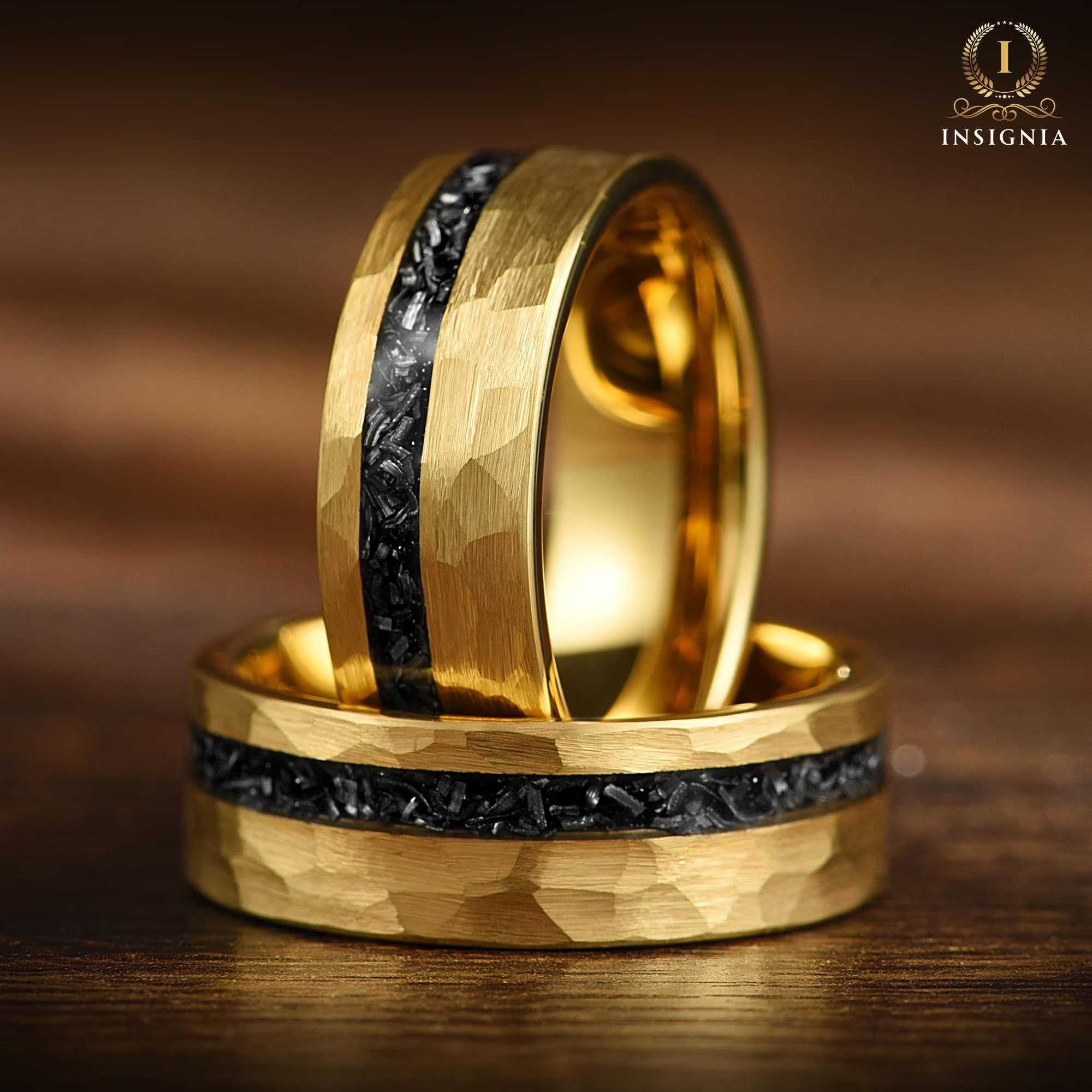 Mens Gold Wedding Bands Meteorite Closeup View