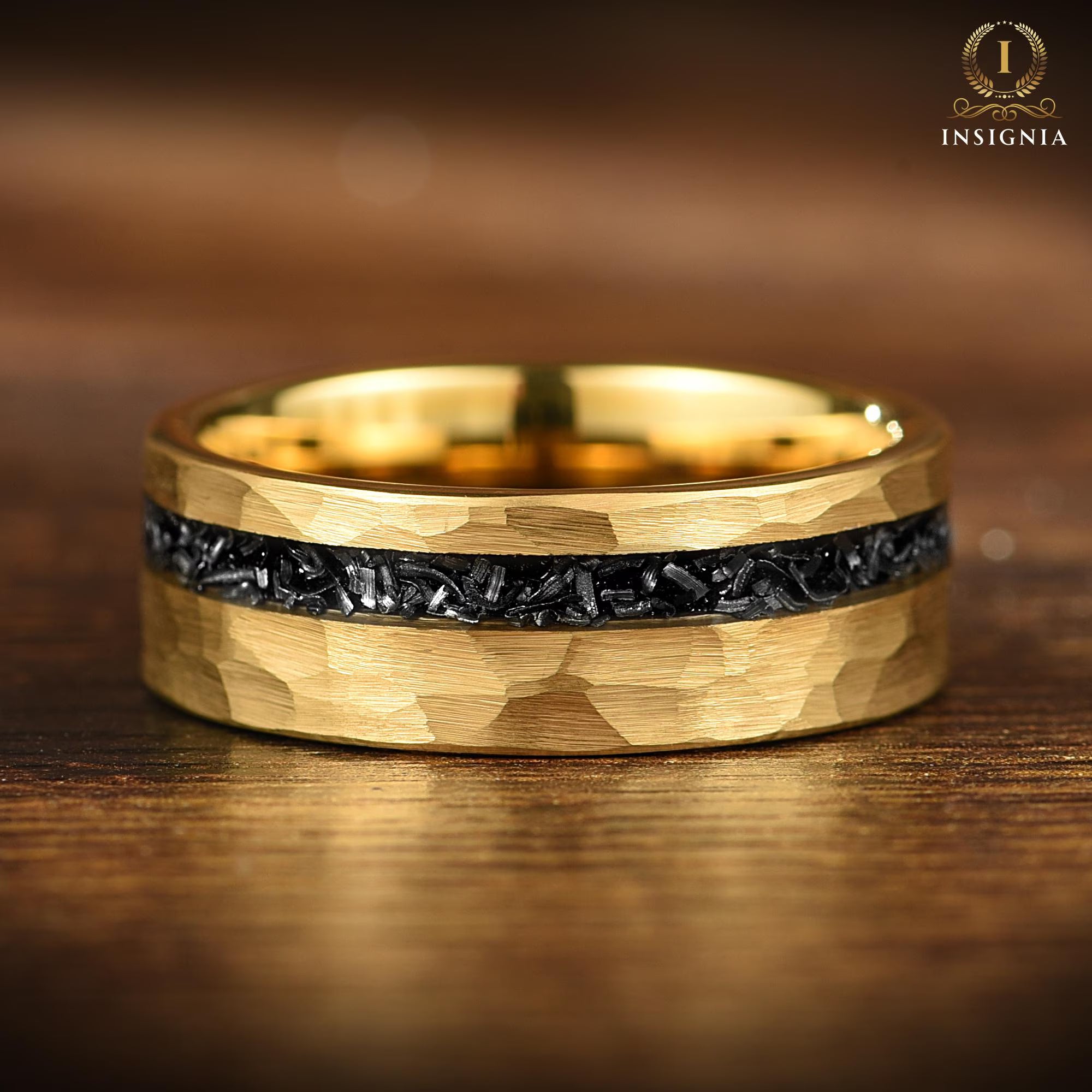 Mens Gold Wedding Bands Meteorite Horizontal View