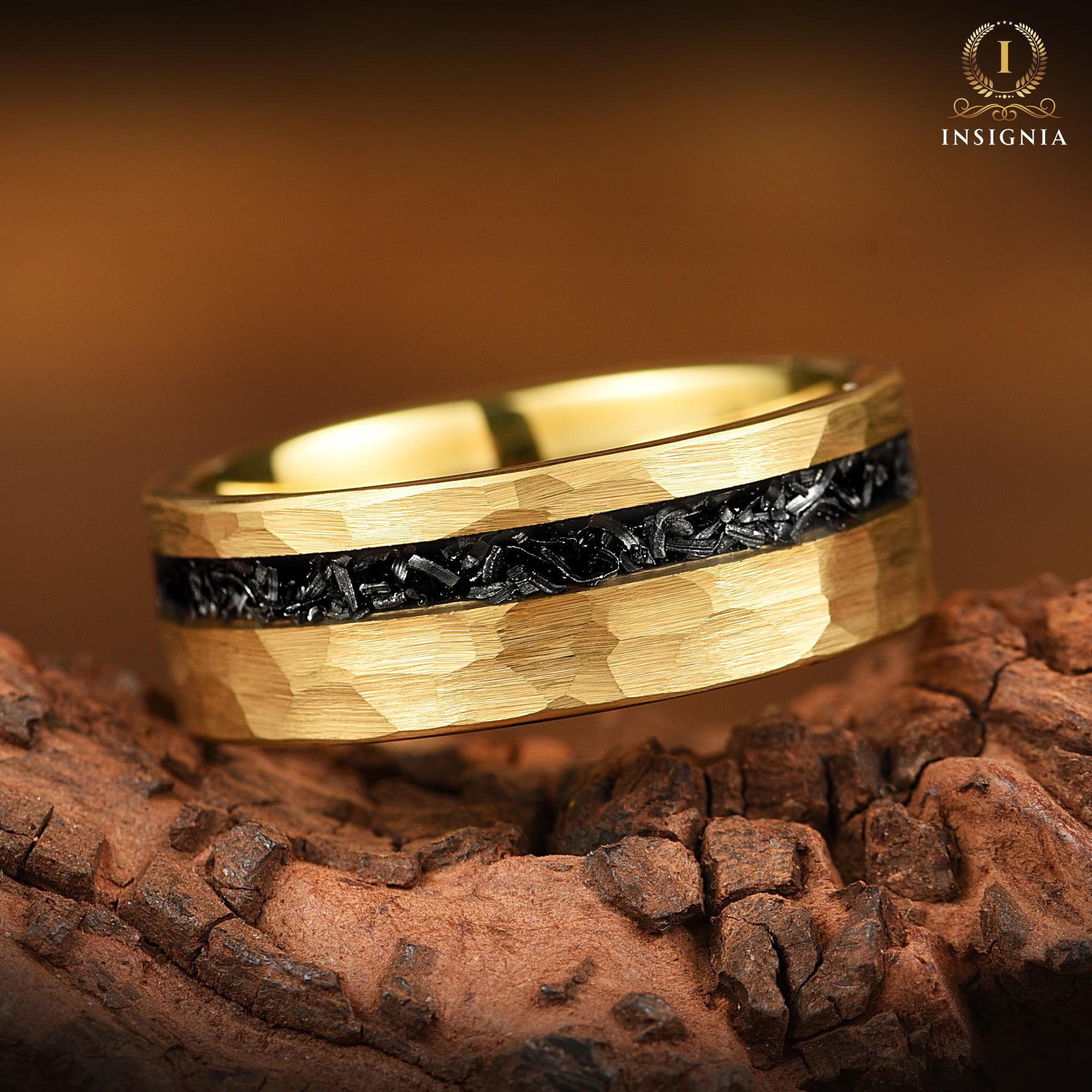 Engraved Mens Gold Wedding Bands with Authentic Meteorite