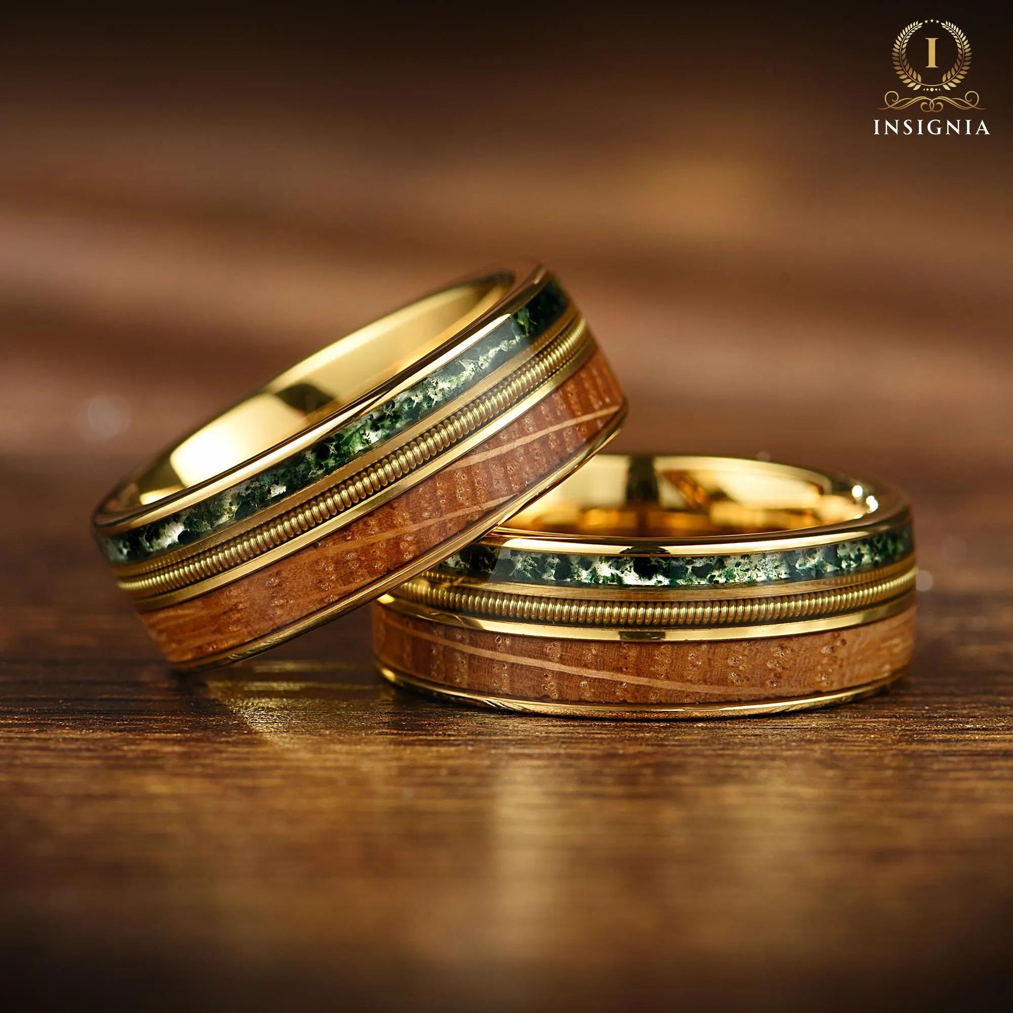 Mens Gold Wedding Rings Moss Agate Angle View