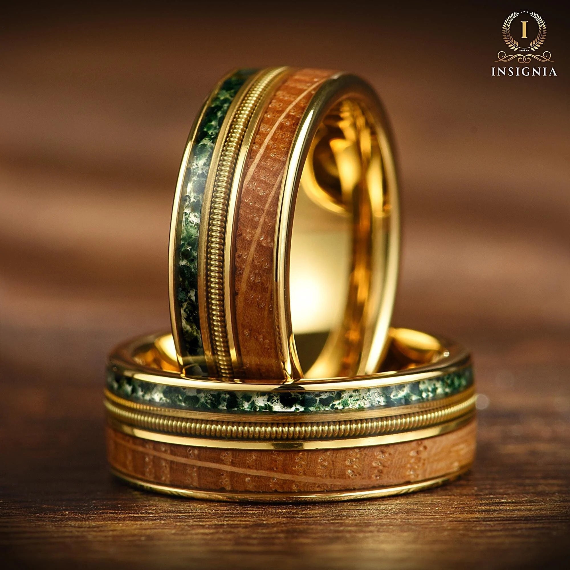 Mens Gold Wedding Rings Moss Agate Closeup View