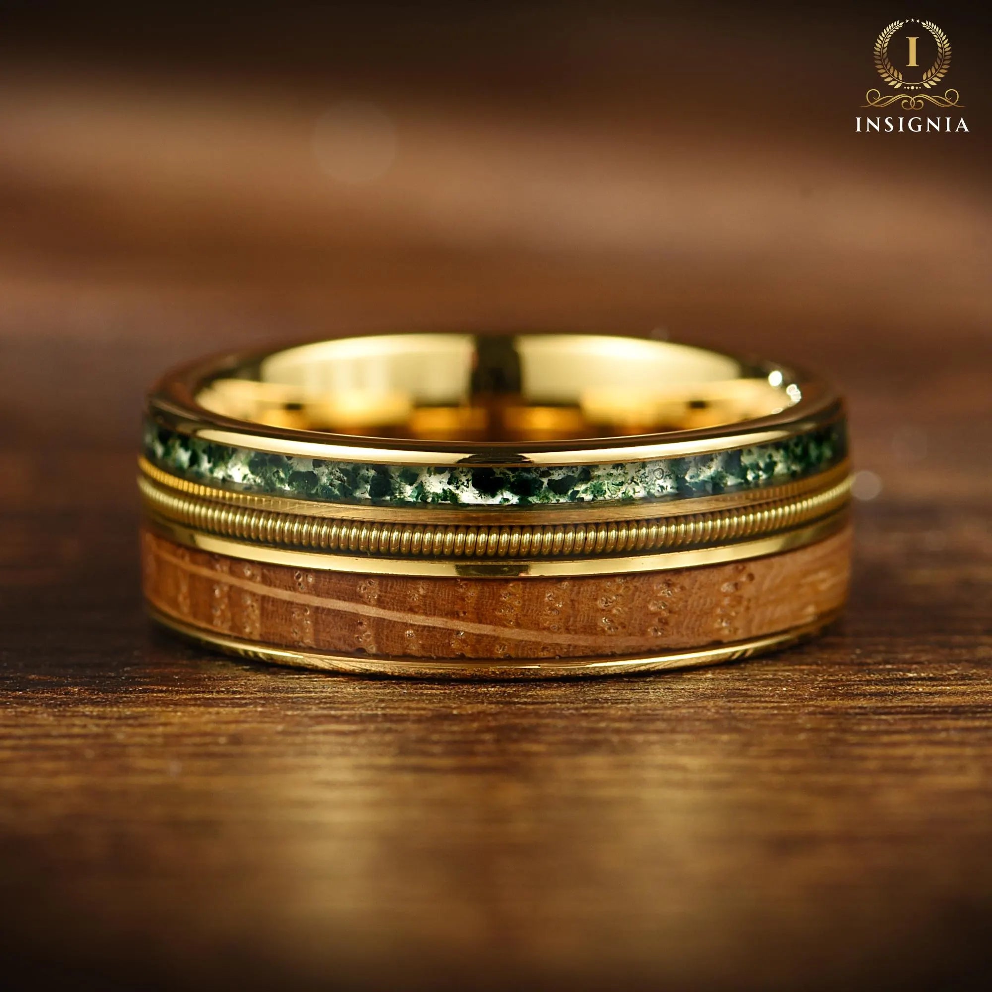 Mens Gold Wedding Rings Moss Agate Horizontal View