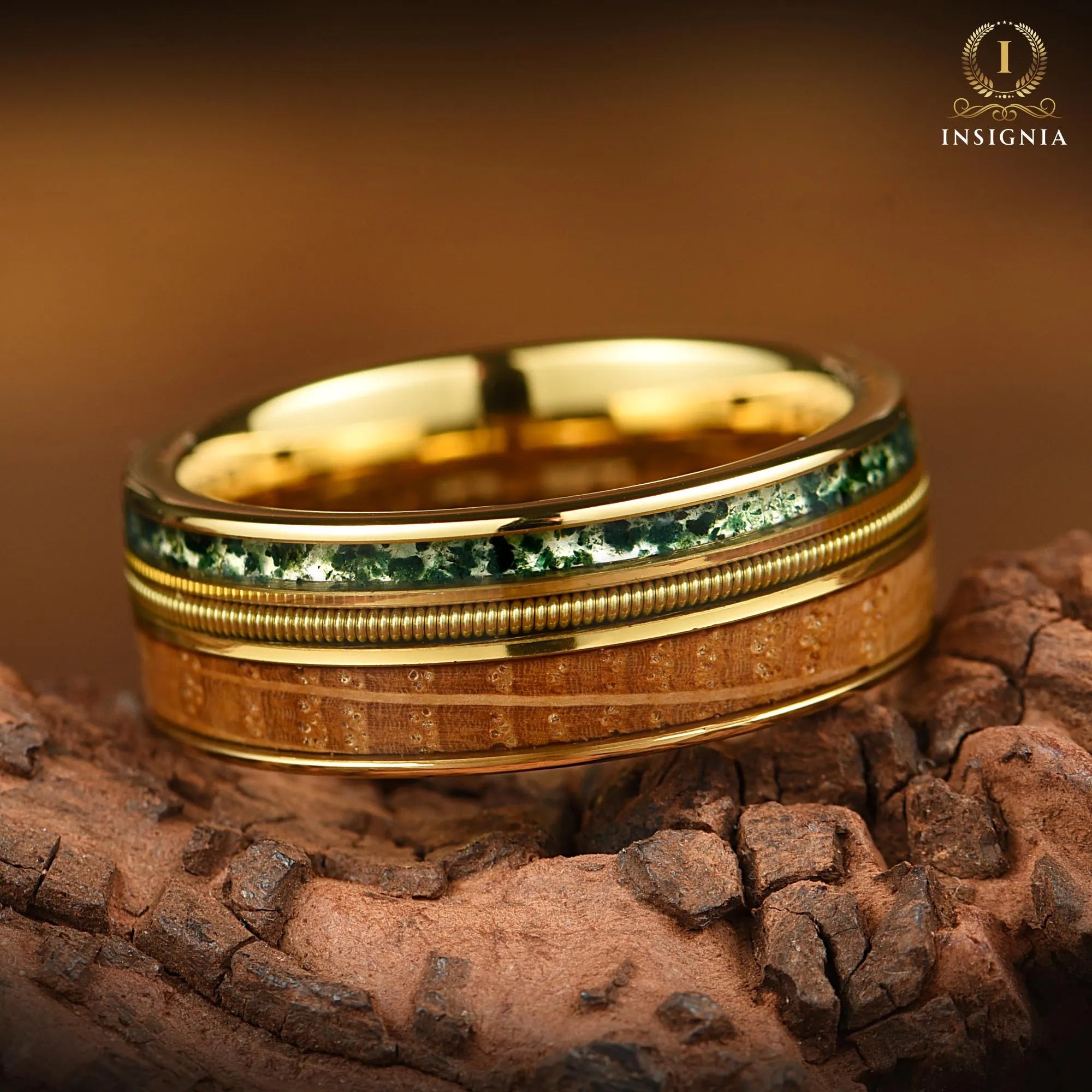 Unusual Mens Gold Wedding Rings Moss Agate Tungsten Band