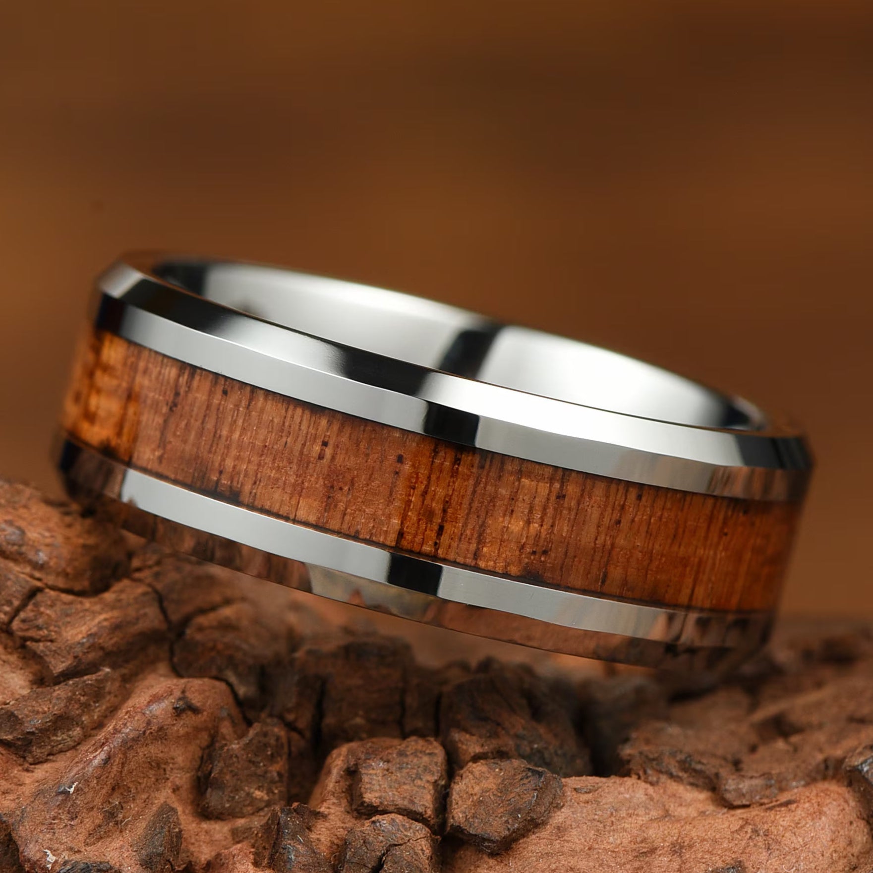 Mens Silver Wedding Bands Whiskey Closeup View