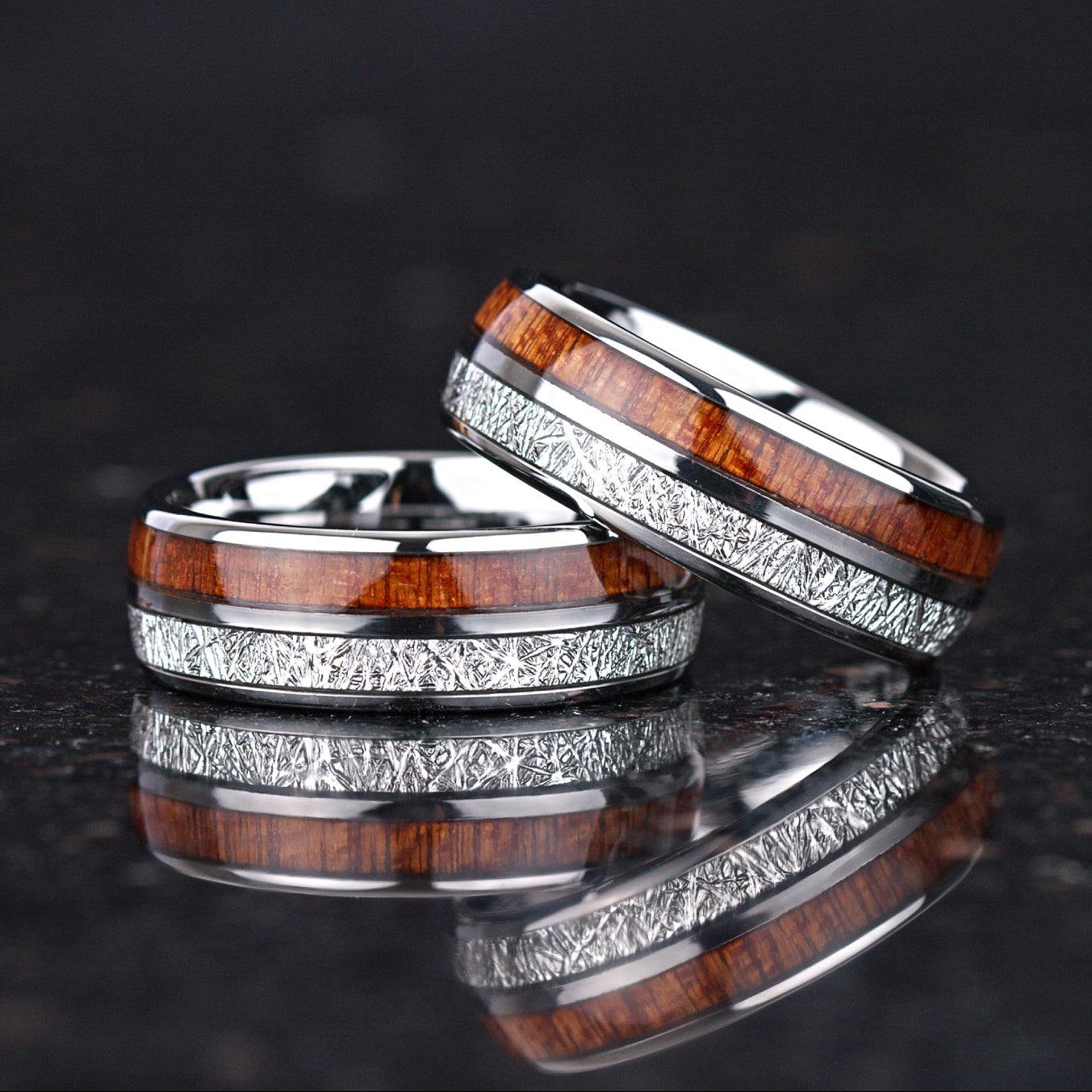 Mens silver wedding bands with whiskey barrel wood inlay detail