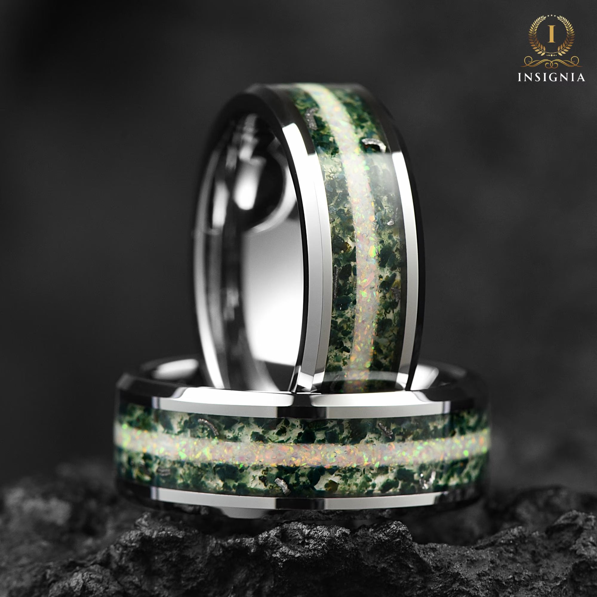 Mens Silver Wedding Ring Moss Agate Angle View