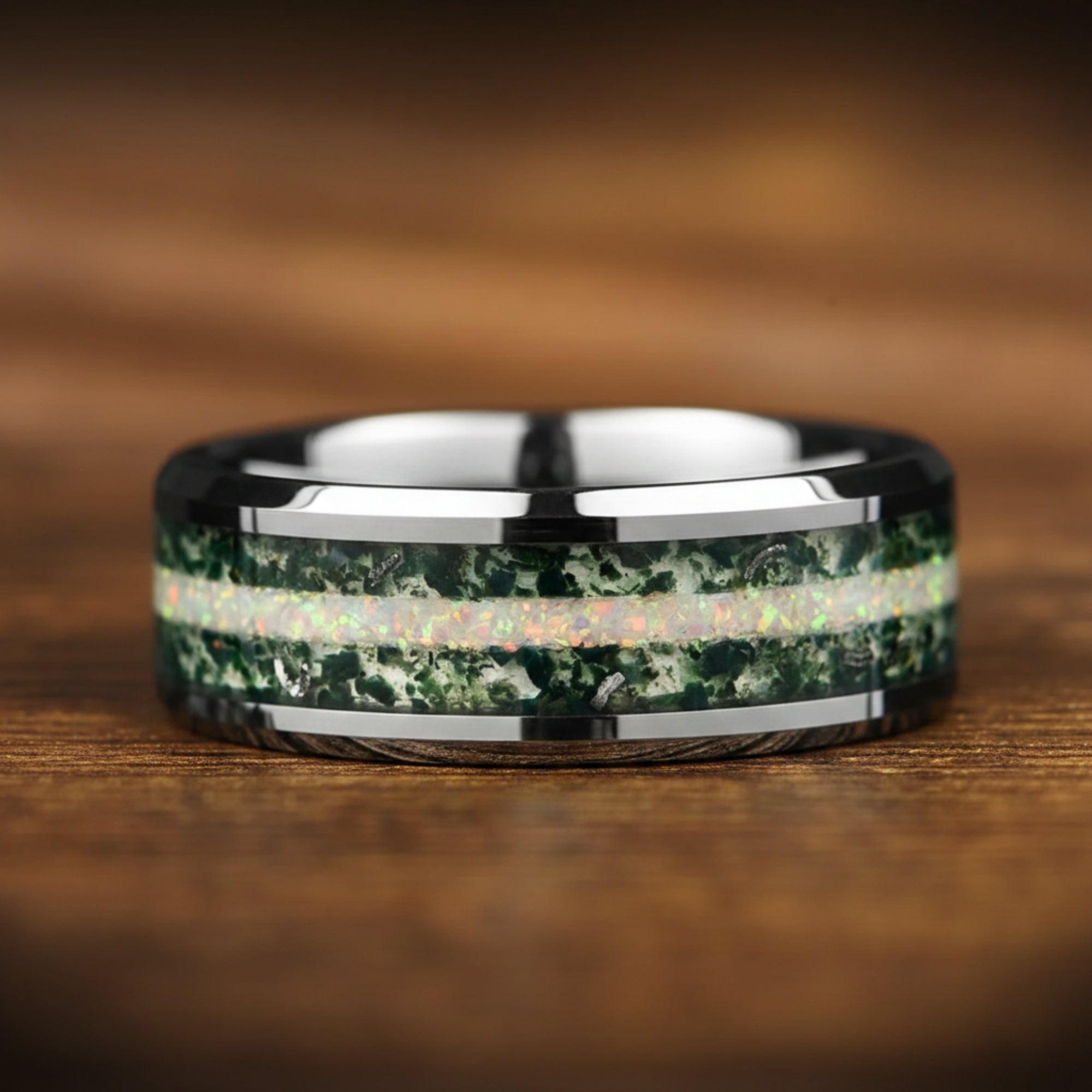 Mens Silver Wedding Ring Moss Agate Band Detail