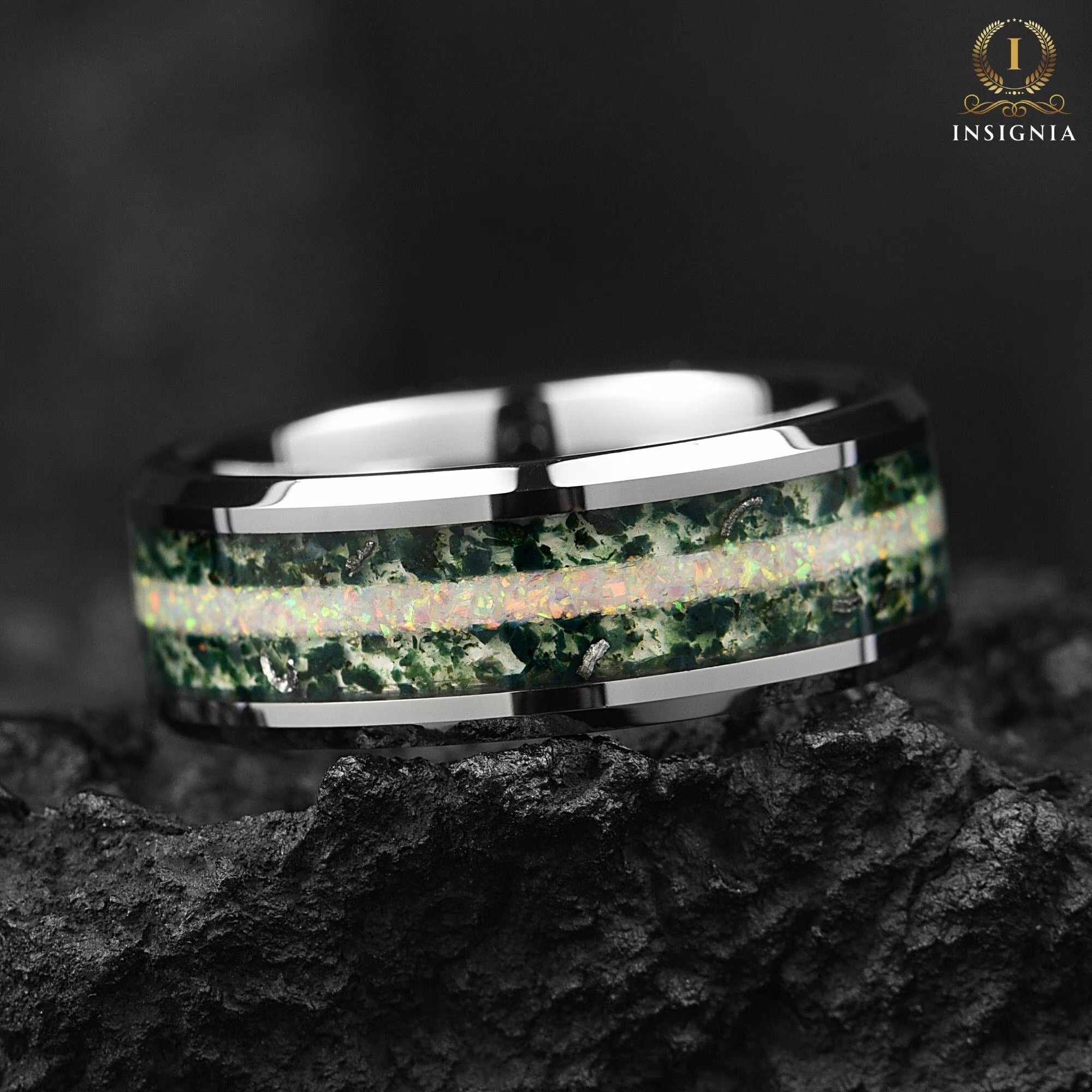 Mens Silver Wedding Ring Moss Agate Horizontal View
