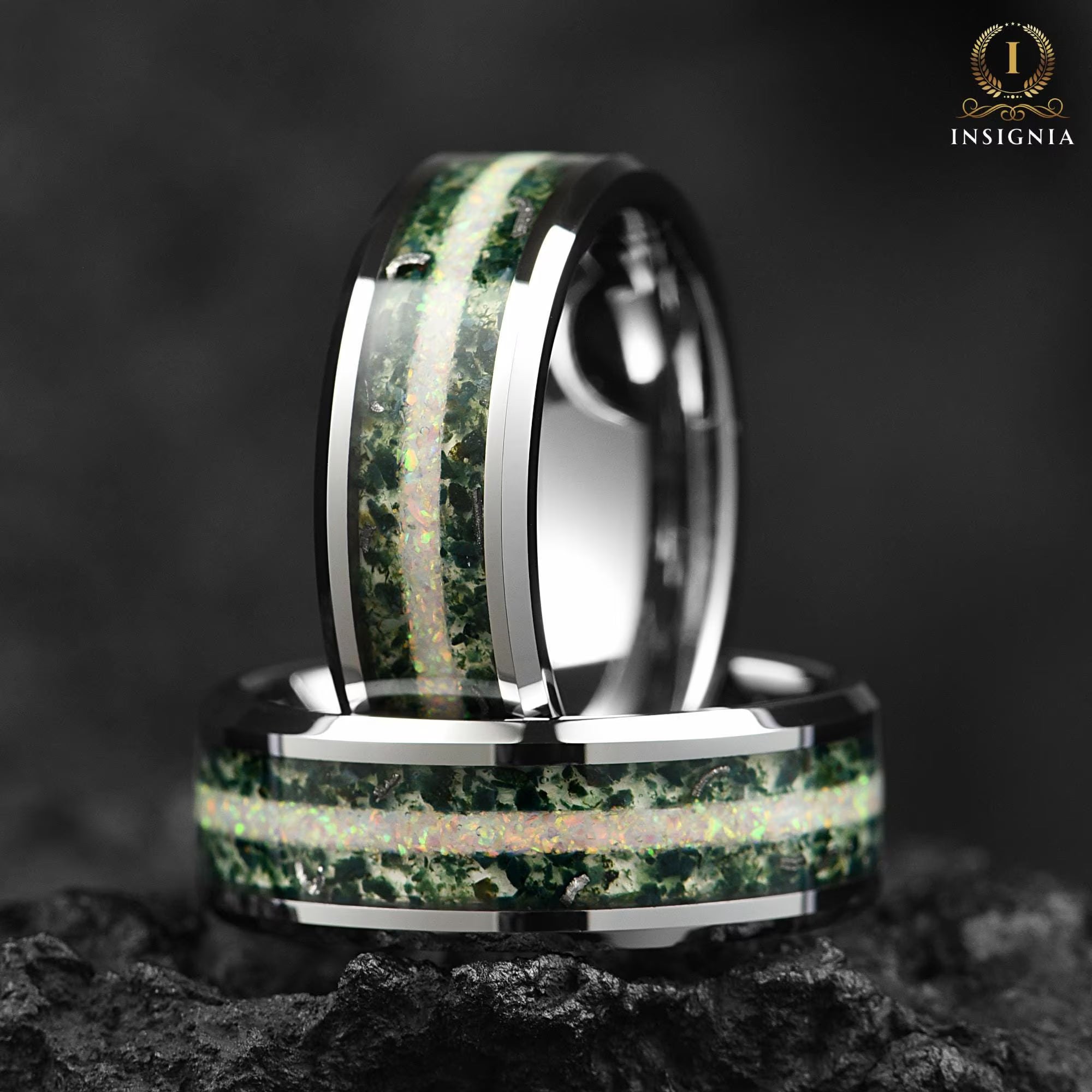 Mens Silver Wedding Ring Moss Agate Main View