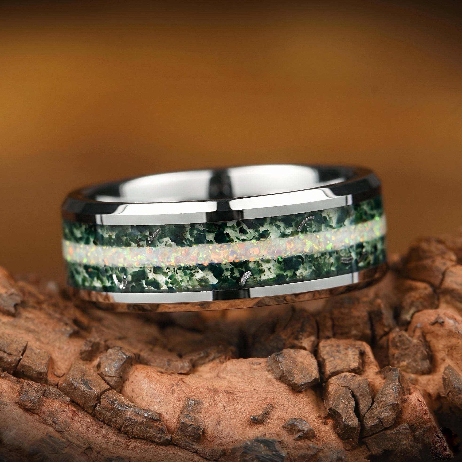 Mens Silver Wedding Ring Moss Agate Main View