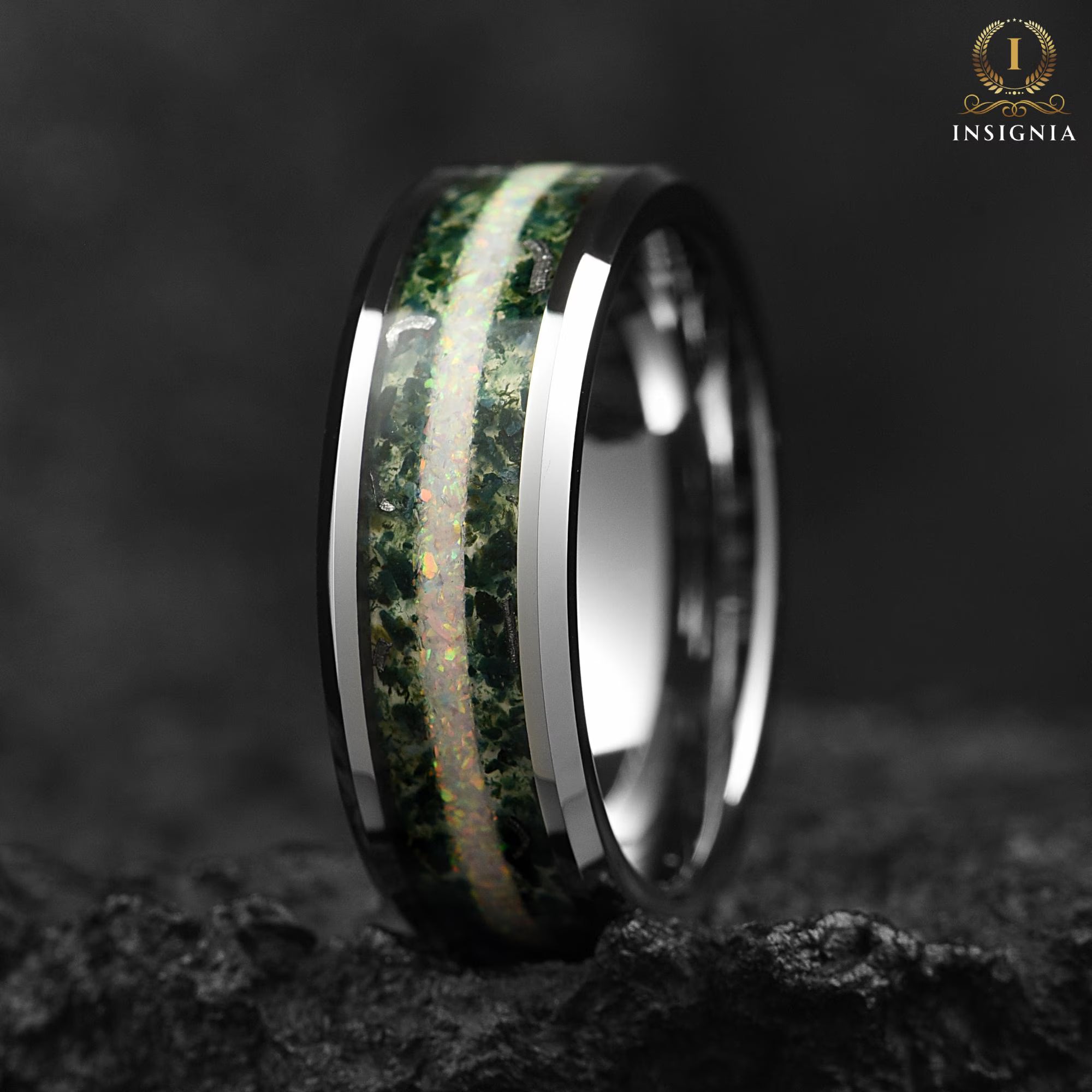 Mens Silver Wedding Ring Moss Agate Profile View