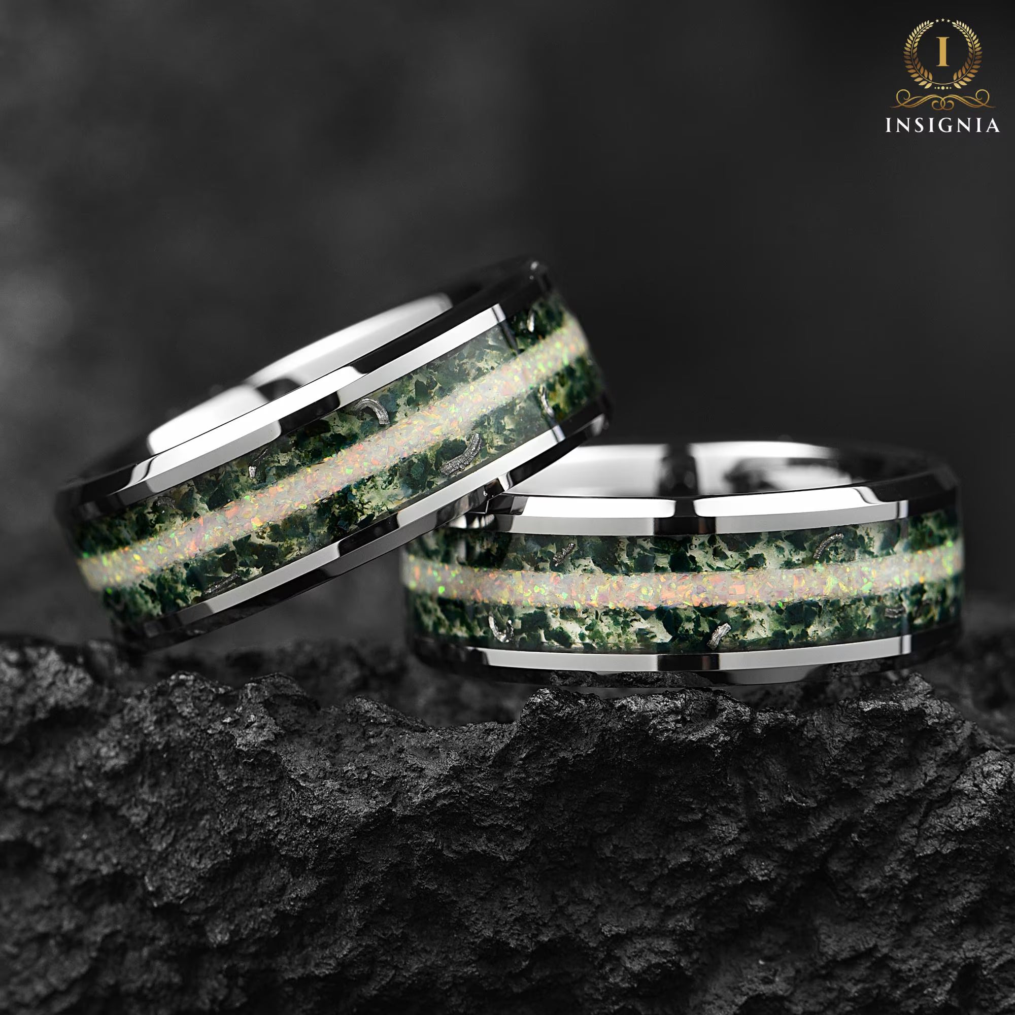 Mens Silver Wedding Ring Moss Agate Top View