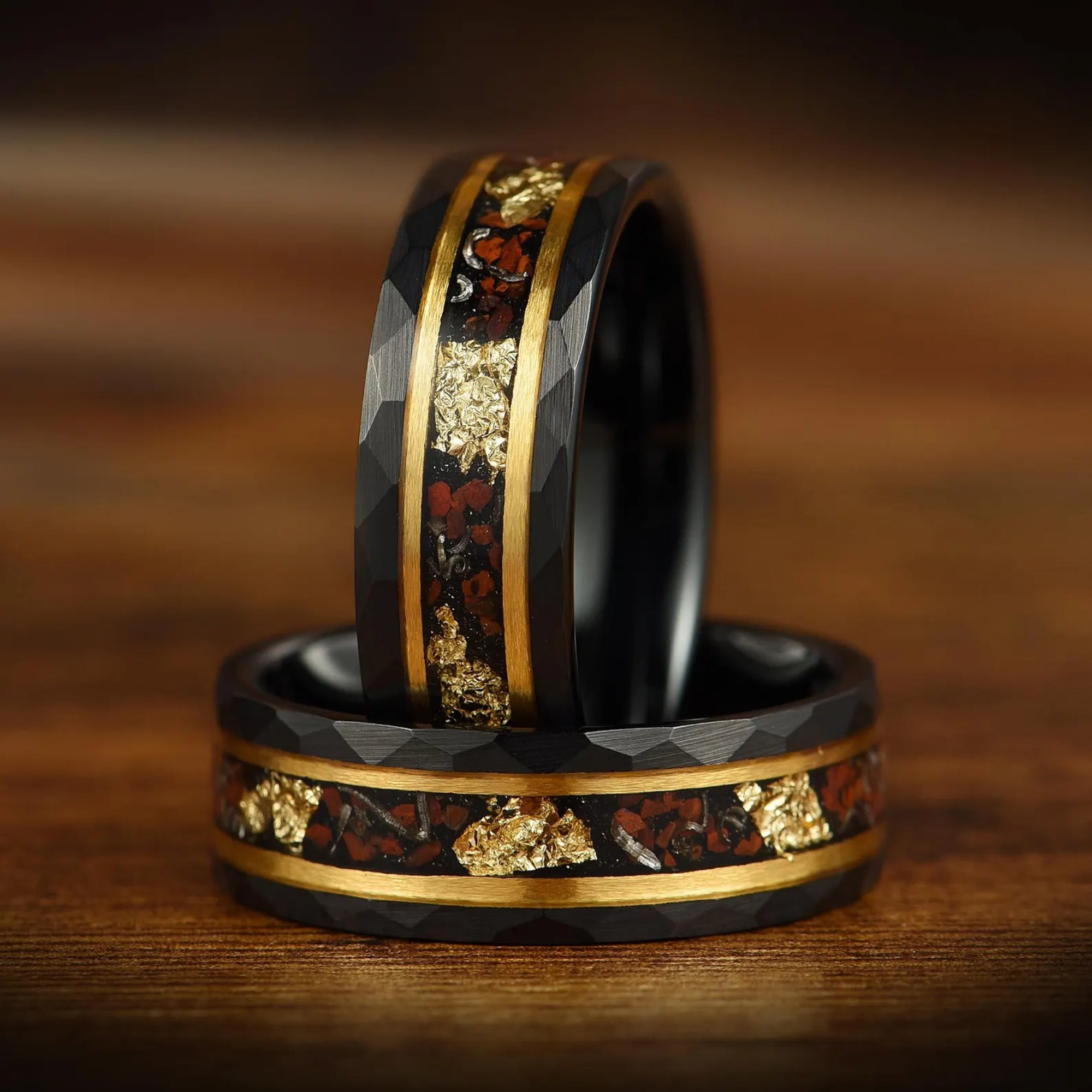 Mens wedding band ring with black hammered finish and meteorite inlay