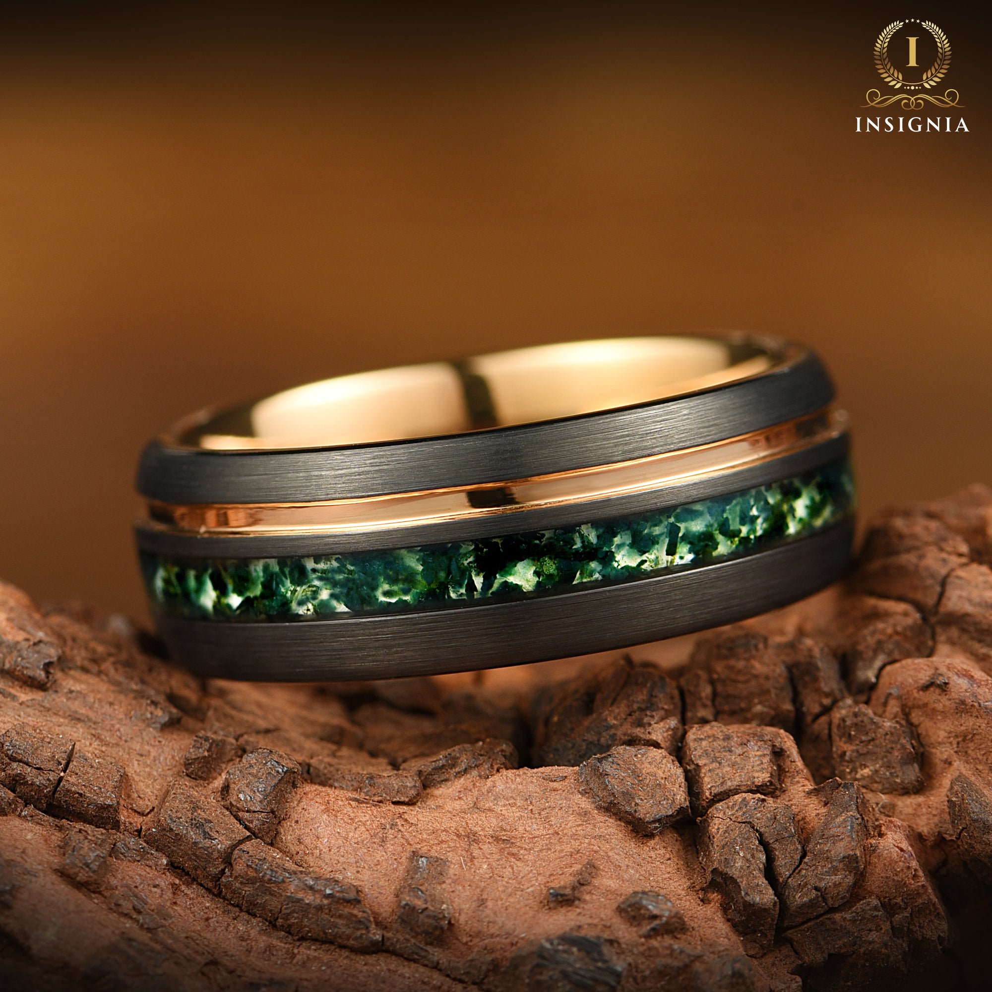 Men's Wedding Bands Moss Agate Closeup View