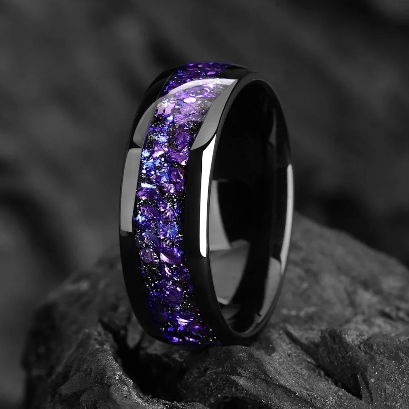 Mens Wedding Ring Black Tungsten Galaxy Left View