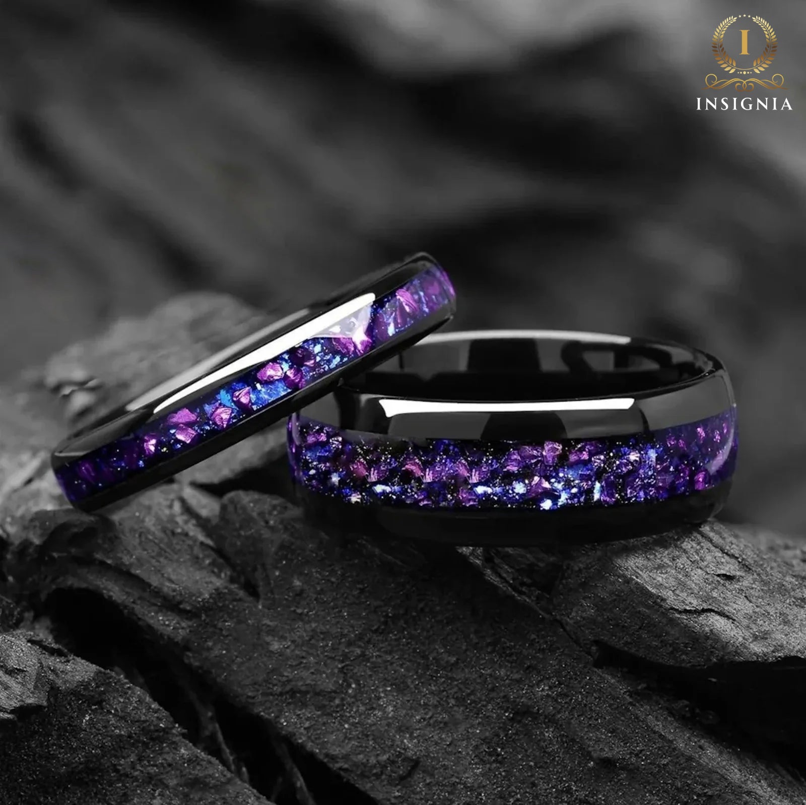 Mens Wedding Ring Black Tungsten Galaxy Pair Display View