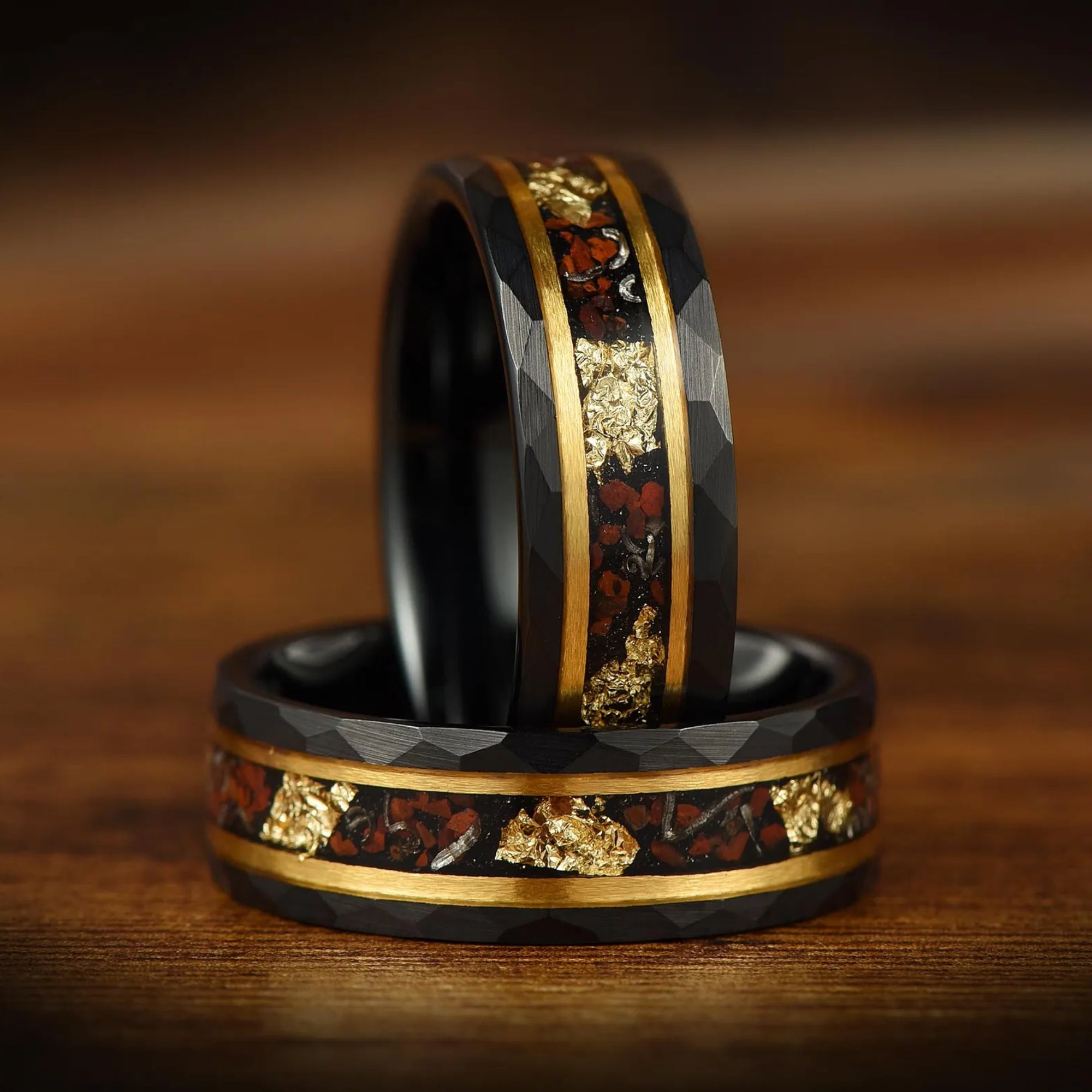 Meteorite jewelry ring with dinosaur bone and gold leaf detail