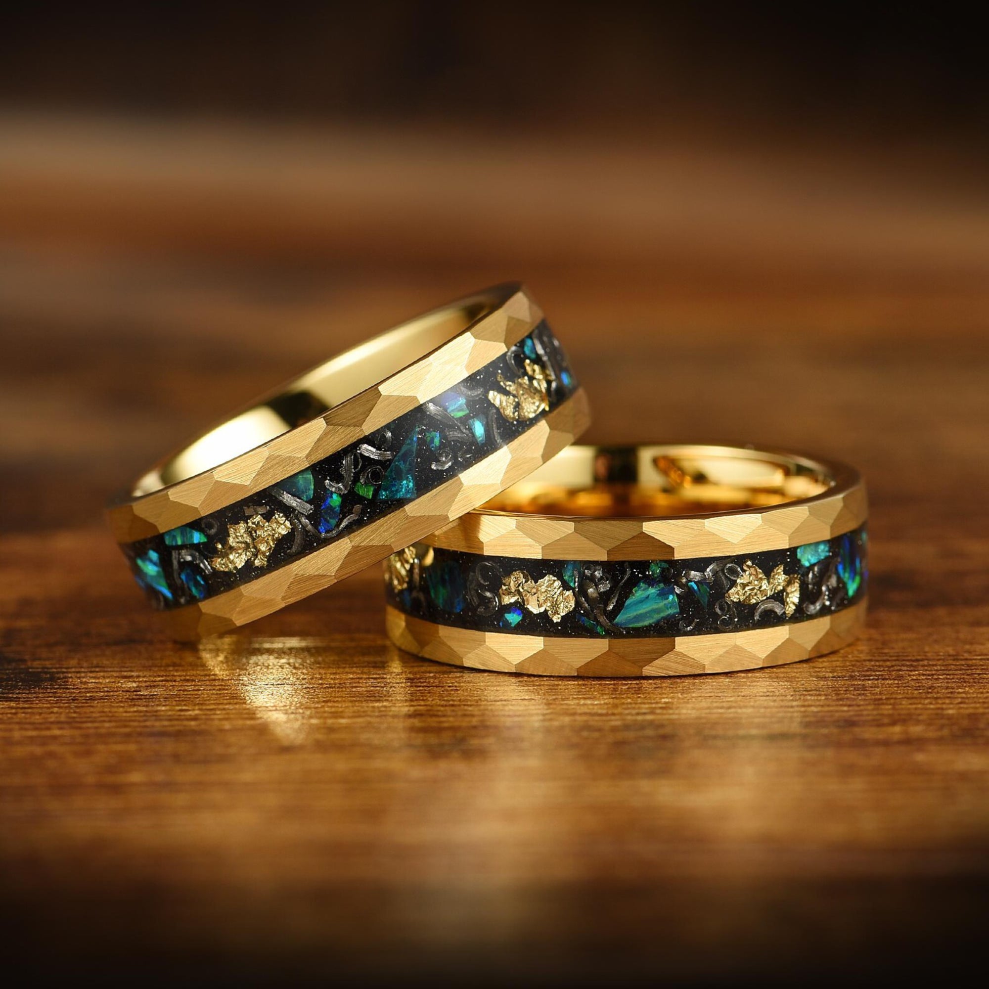 Meteorite wedding ring with green opal and gold leaf detail