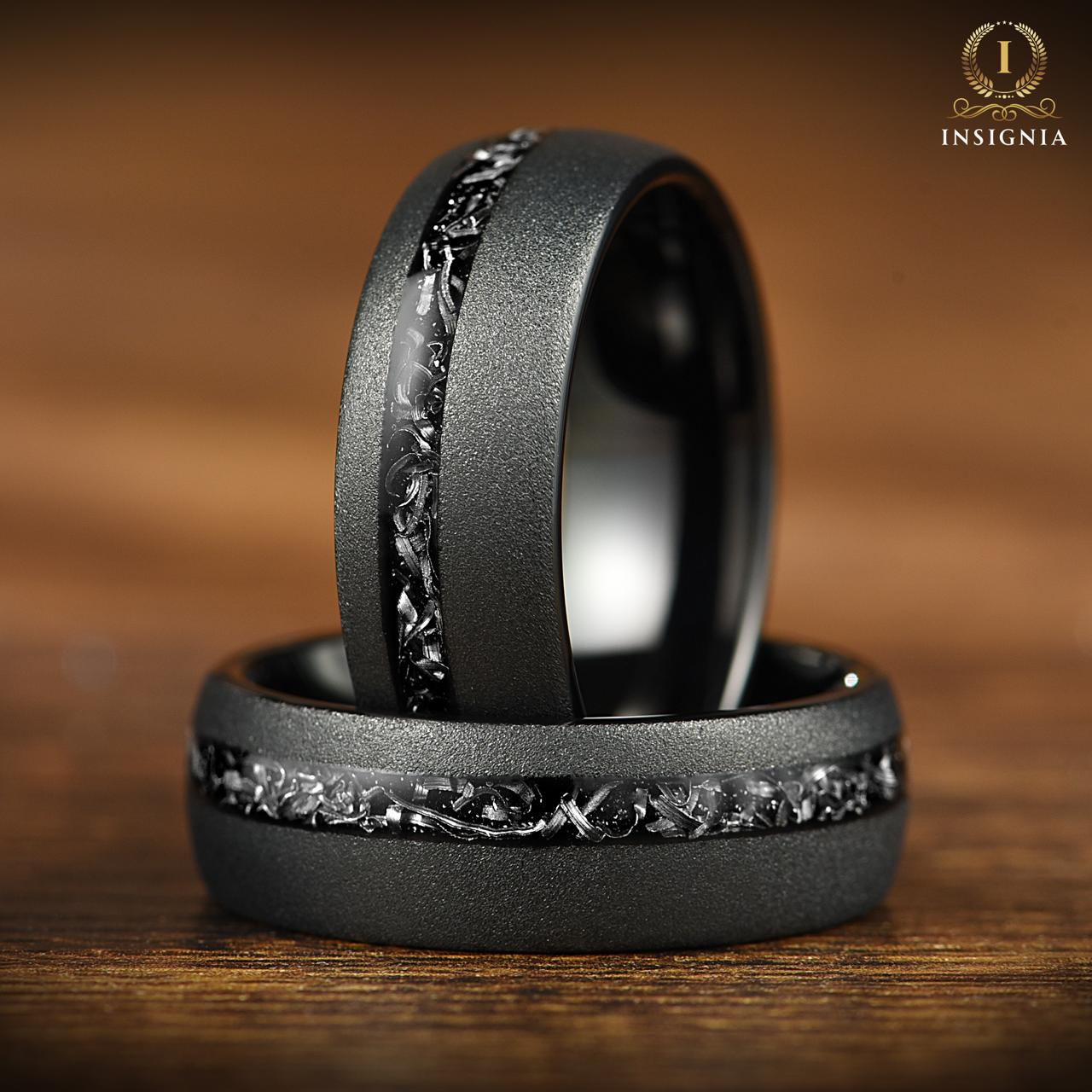 Real Meteorite Ring Black Men's Wedding Engagement Ring