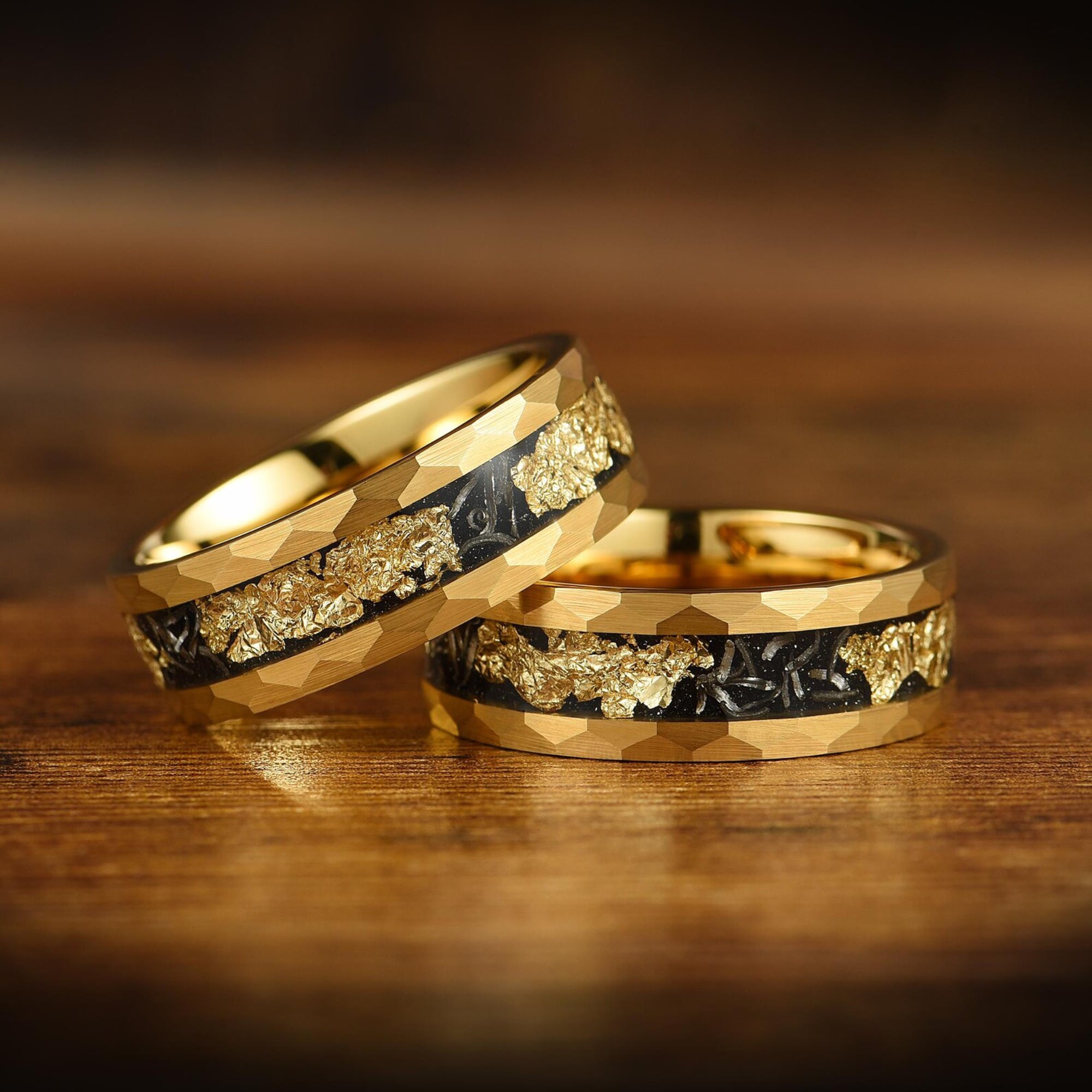 Meteorite wedding ring with 18K gold plated band and textured centre