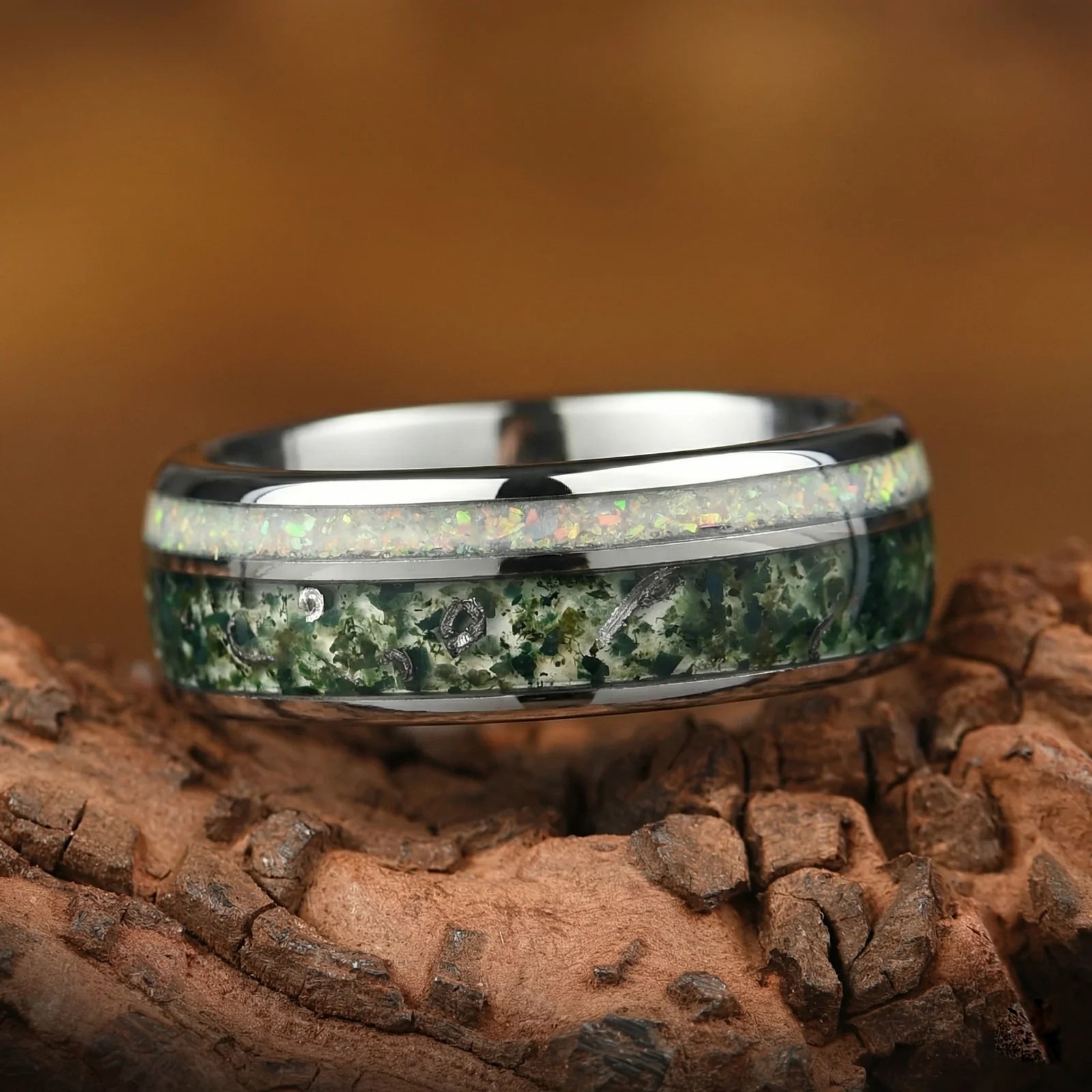 HIS HER RINGS MOSS AGATE TUNGSTEN METEORITE OPAL SET