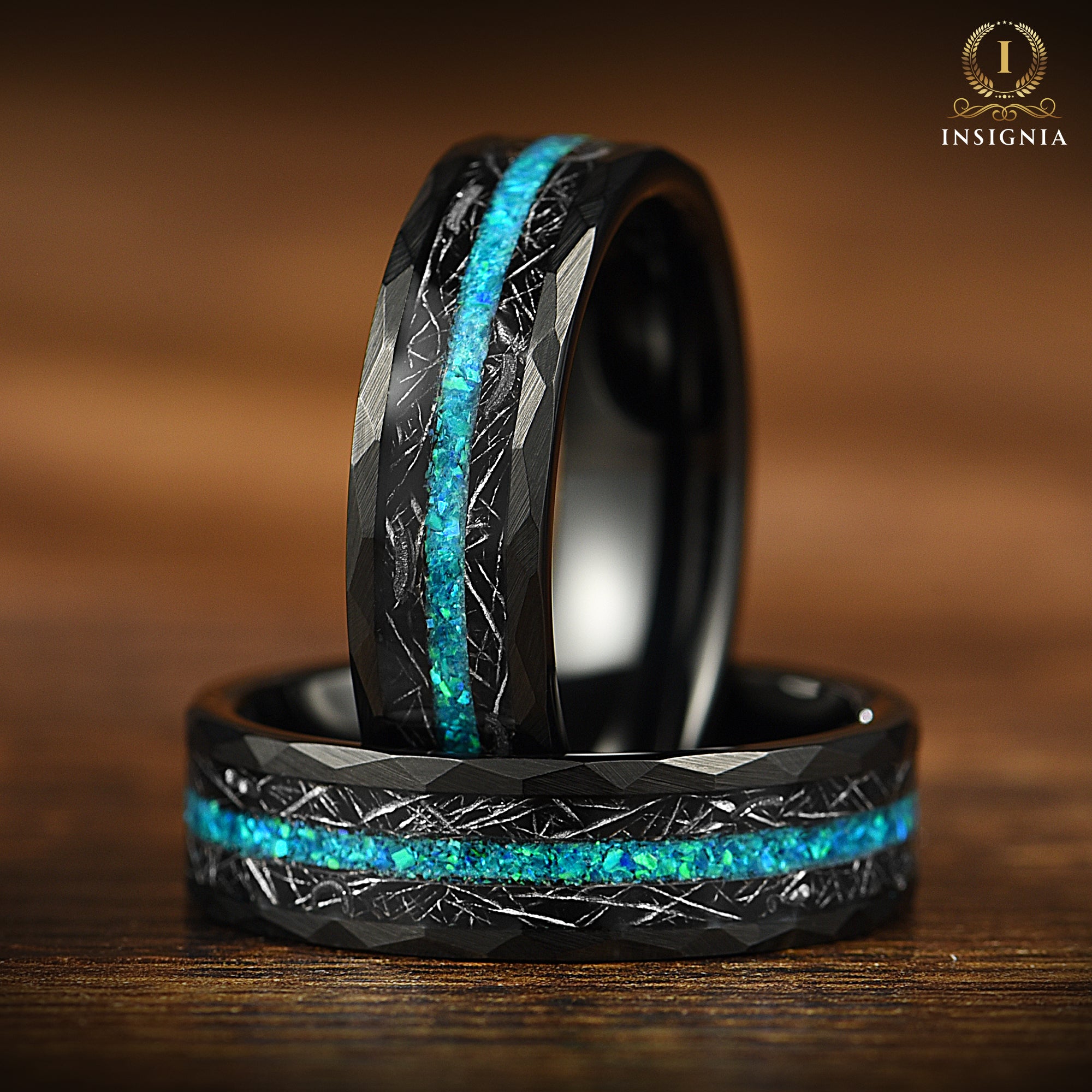 Unique Opal Ring Meteorite Black Wedding Band -Men Women