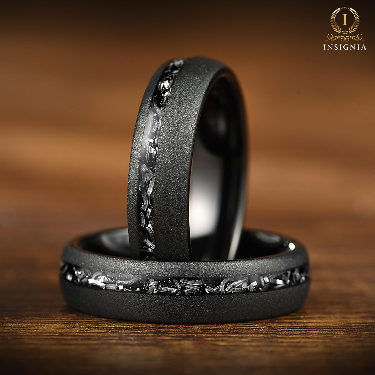 Promise Ring Band for Him in Black Tungsten & Meteorite Main View