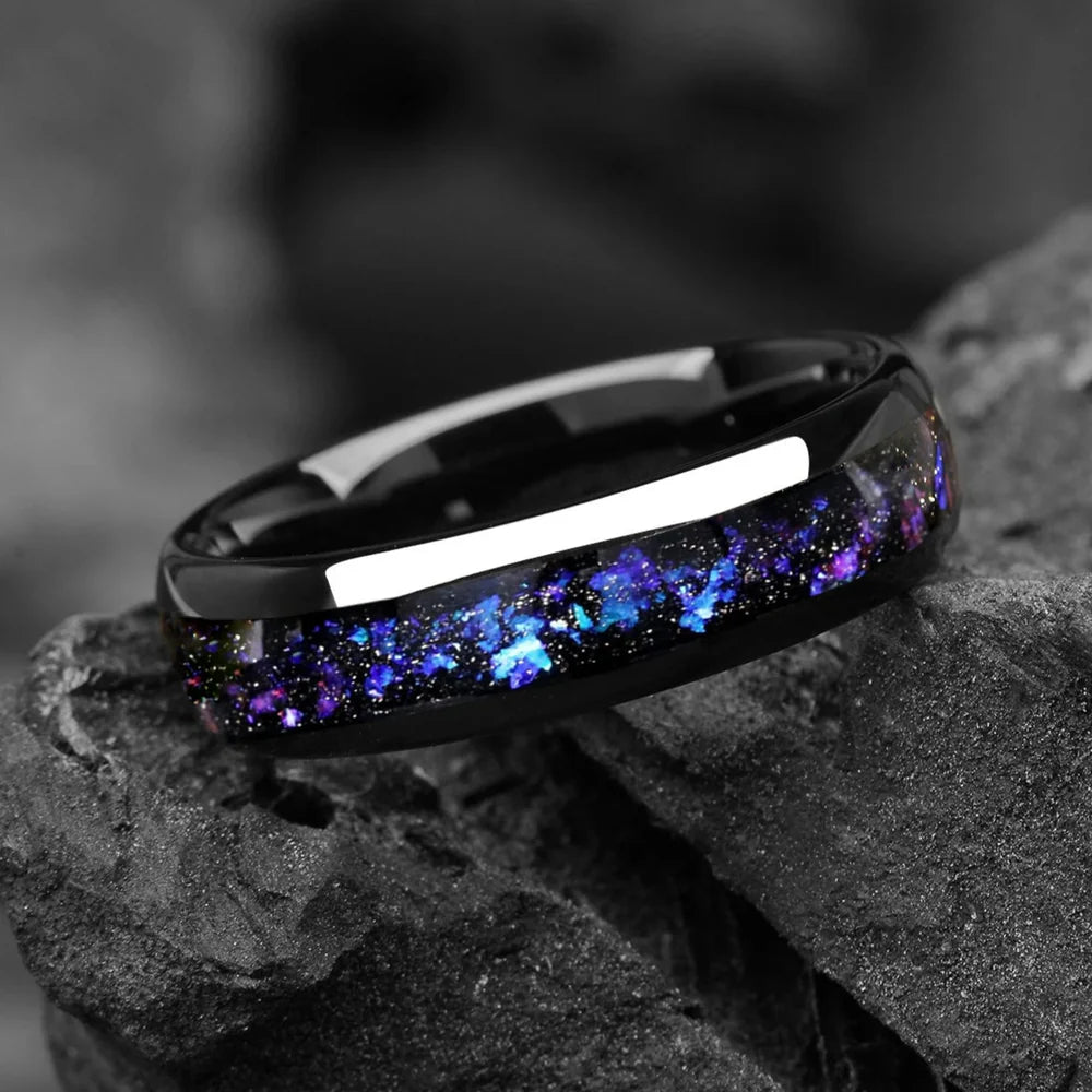 Promise Ring for Him in Black Tungsten with Galaxy Design Main View