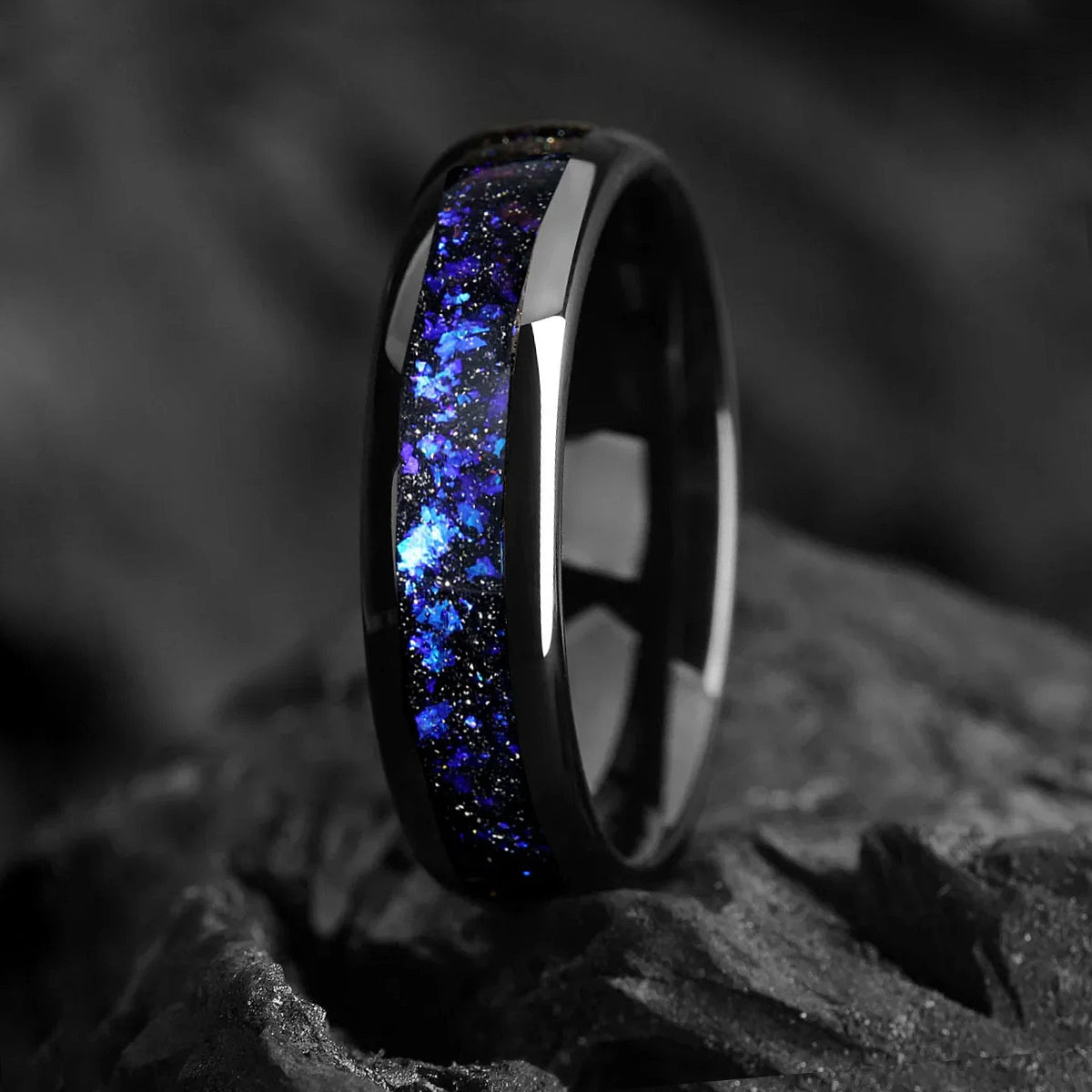 Promise Ring for Him in Black Tungsten with Galaxy Design Profile View