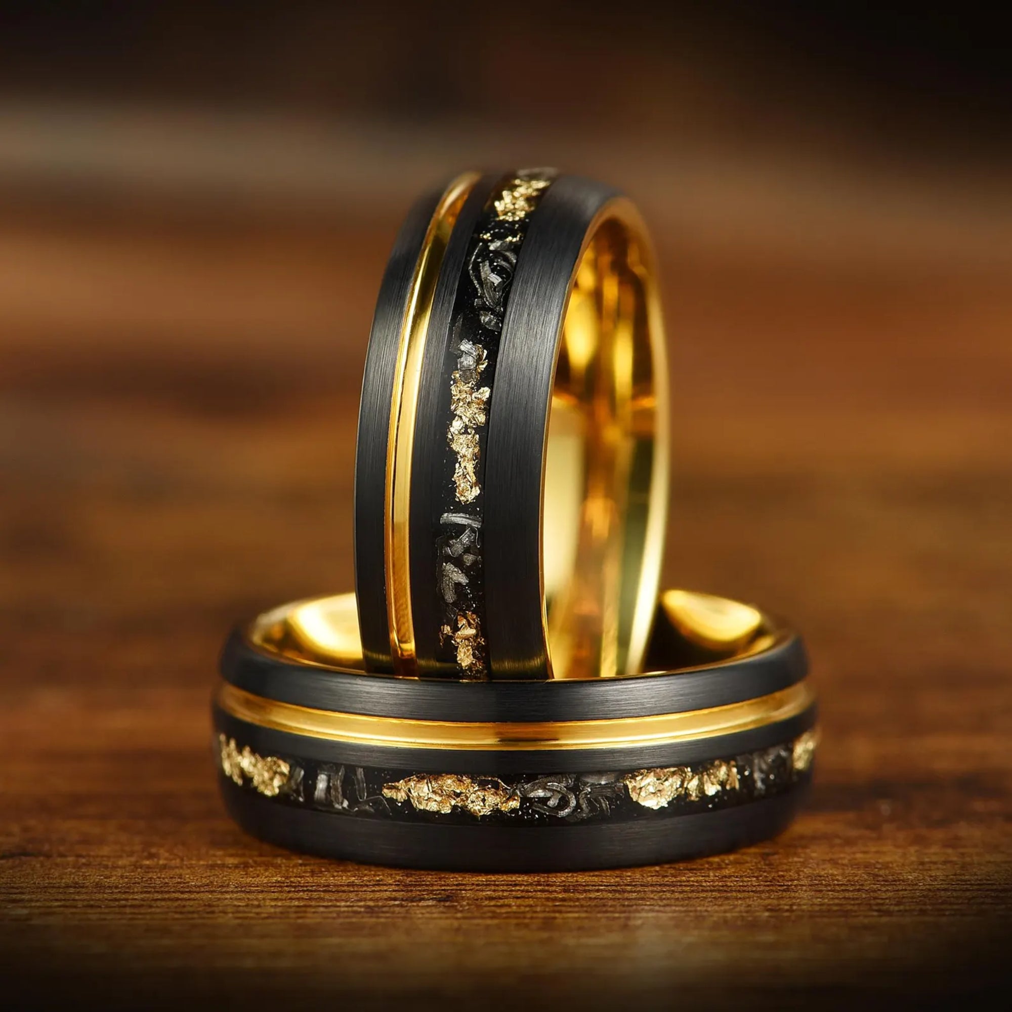 Promise ring for men black band with meteorite and gold leaf detail