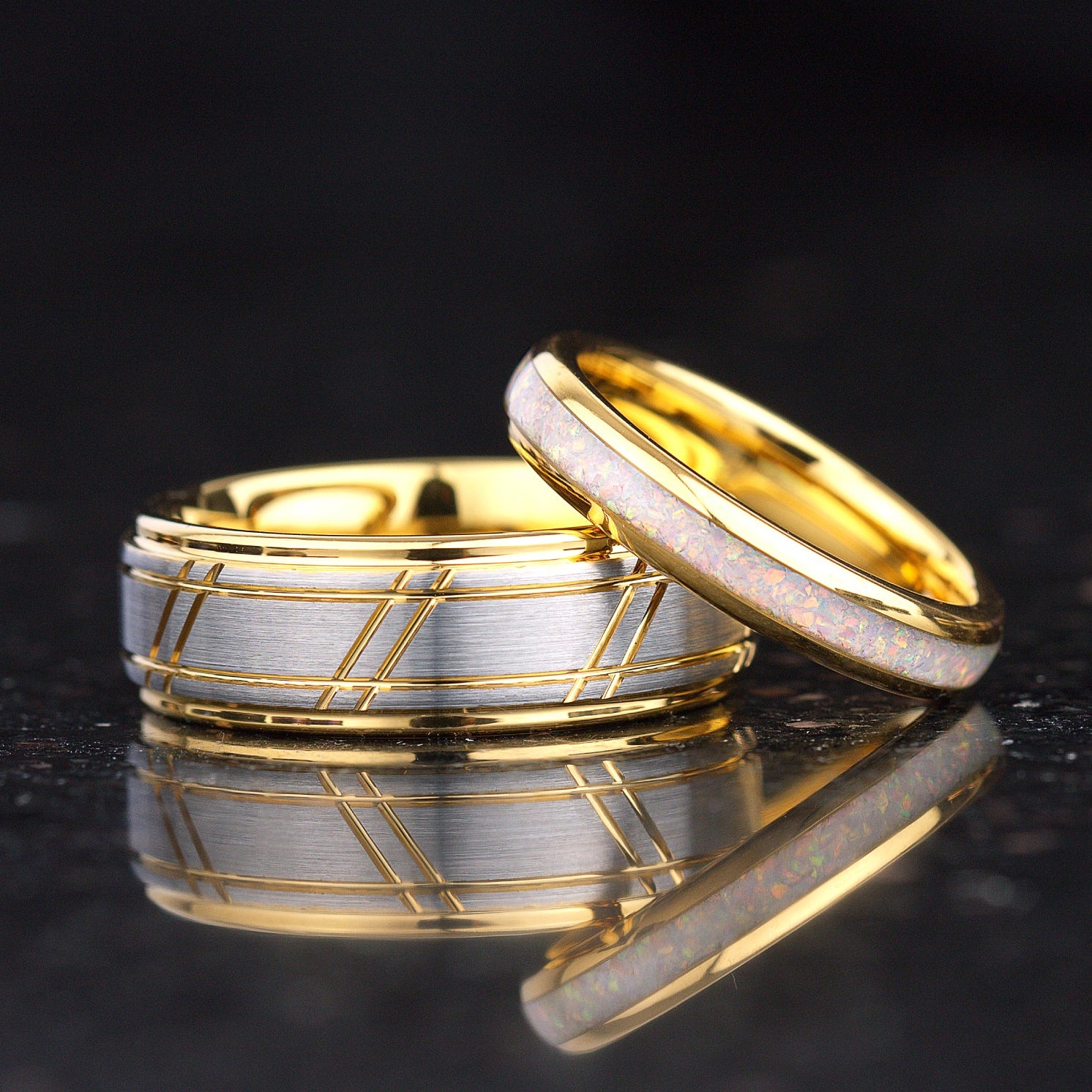 Ring set gold and silver tungsten bands with fire opal detail for couples