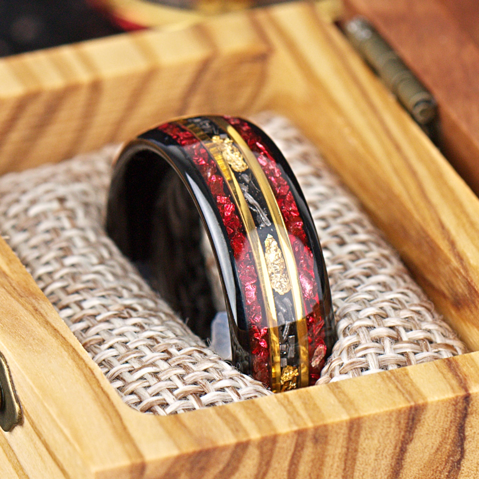 Rings UK Mens Style Black Tungsten Ring With Red Garnet Accents