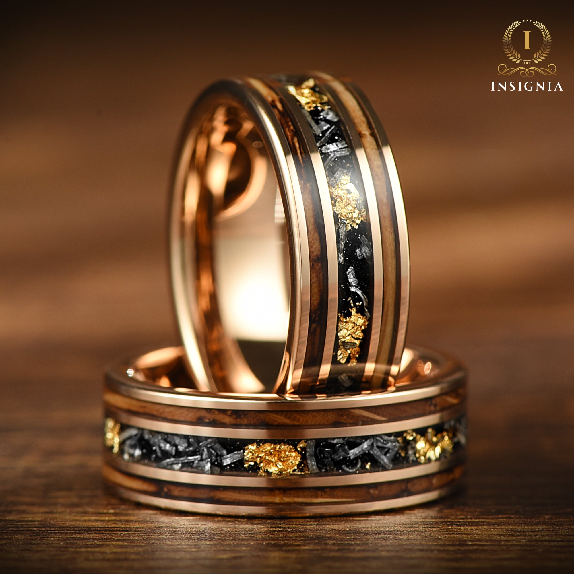 Rose Gold Wedding Band Meteorite Top Down View