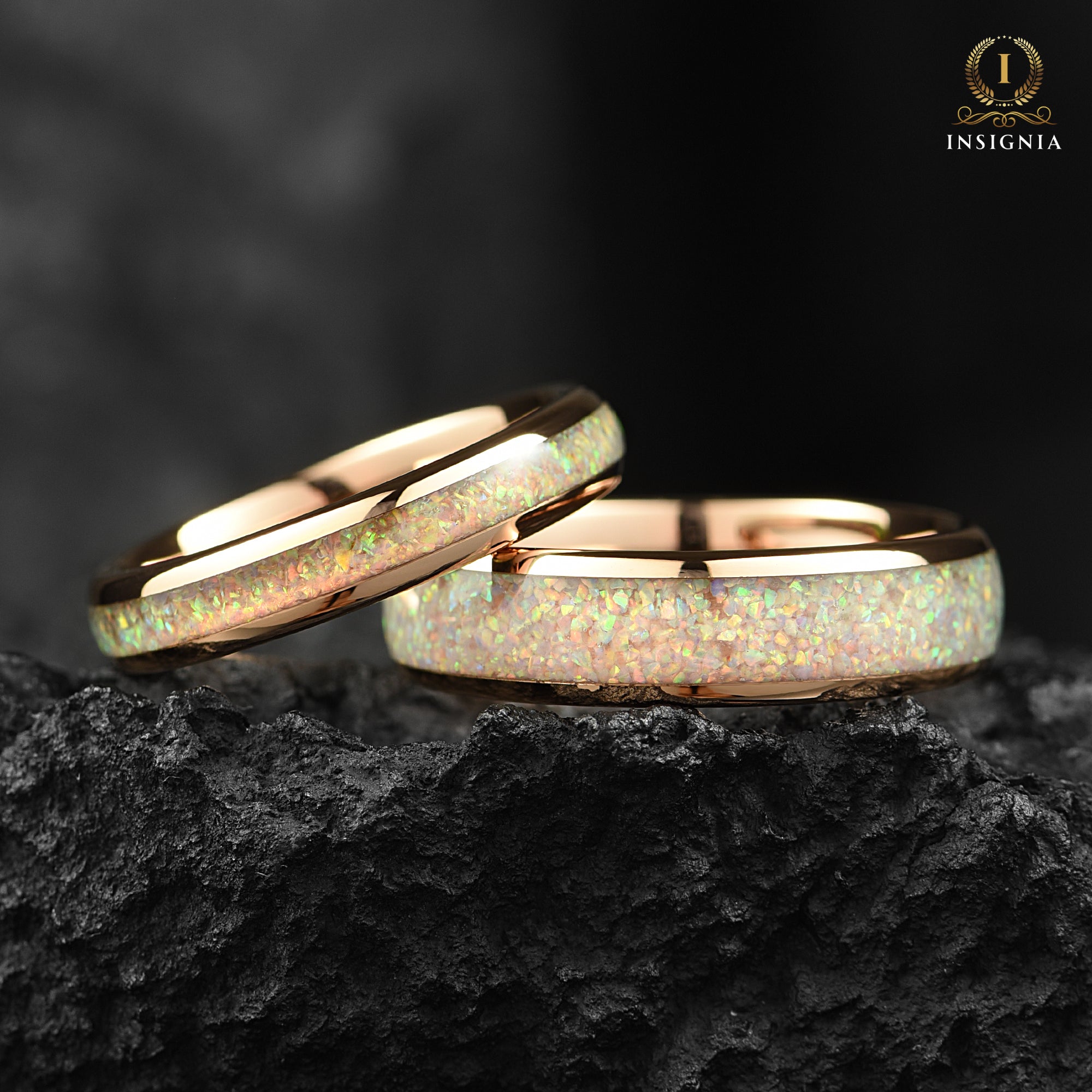 Rose Gold Wedding Bands Opal Couple View
