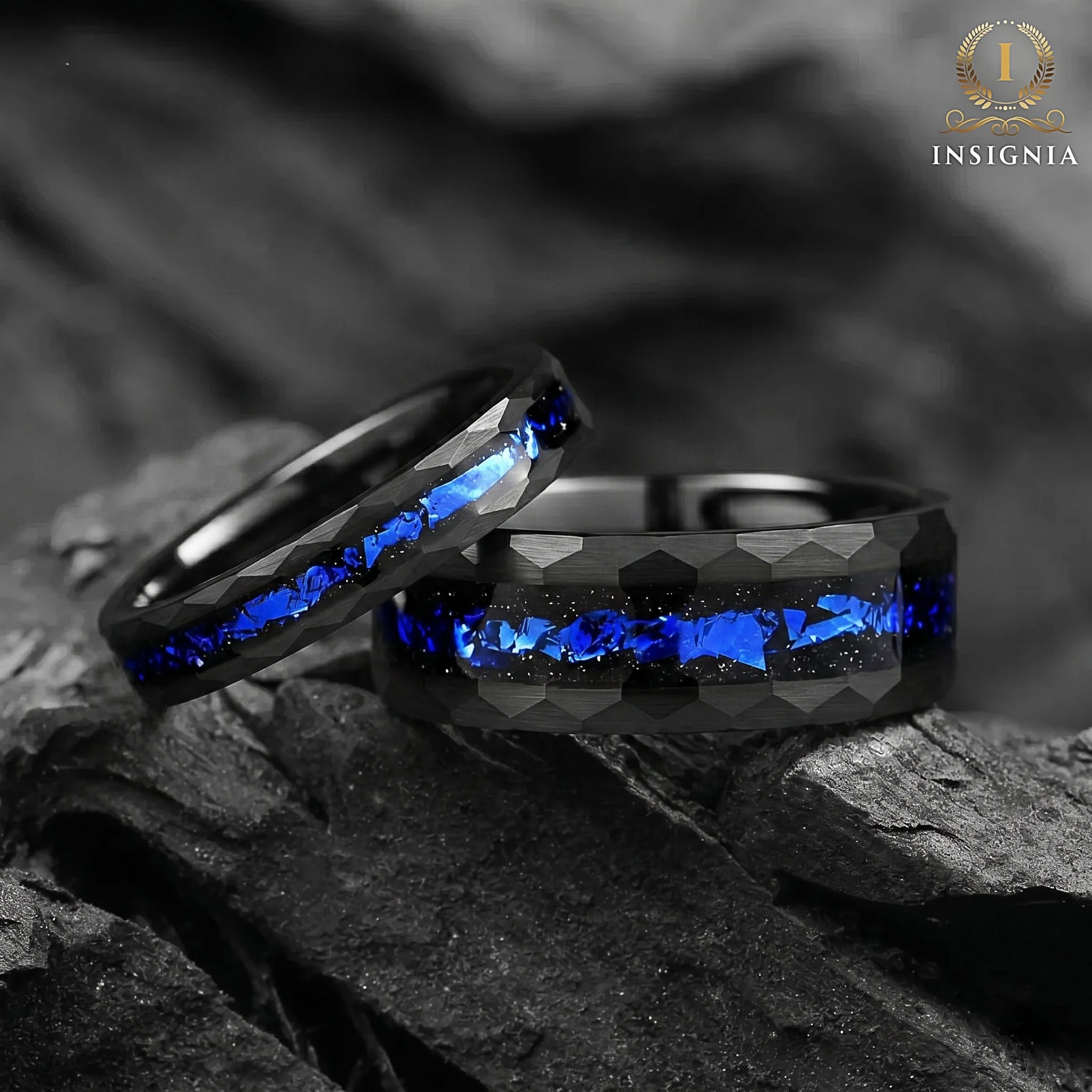Set in Wedding Band with Cygnus Loop Nebula Inspired Blue Sandstone Inlay Main View
