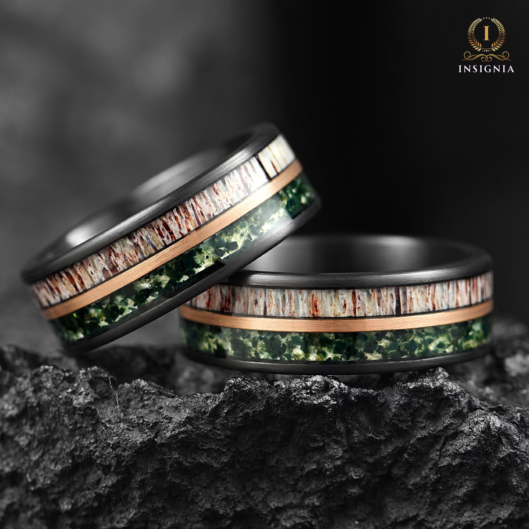 Wedding Bands For Him Moss Agate Closeup View