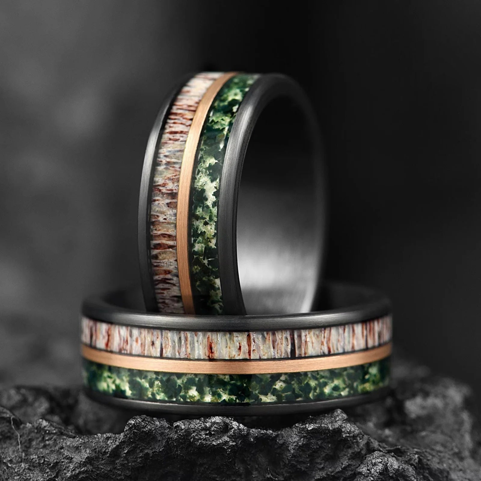 WEDDING BANDS FOR HIM MOSS AGATE MOSS AGATE, DEER ANTLER & METEORITE