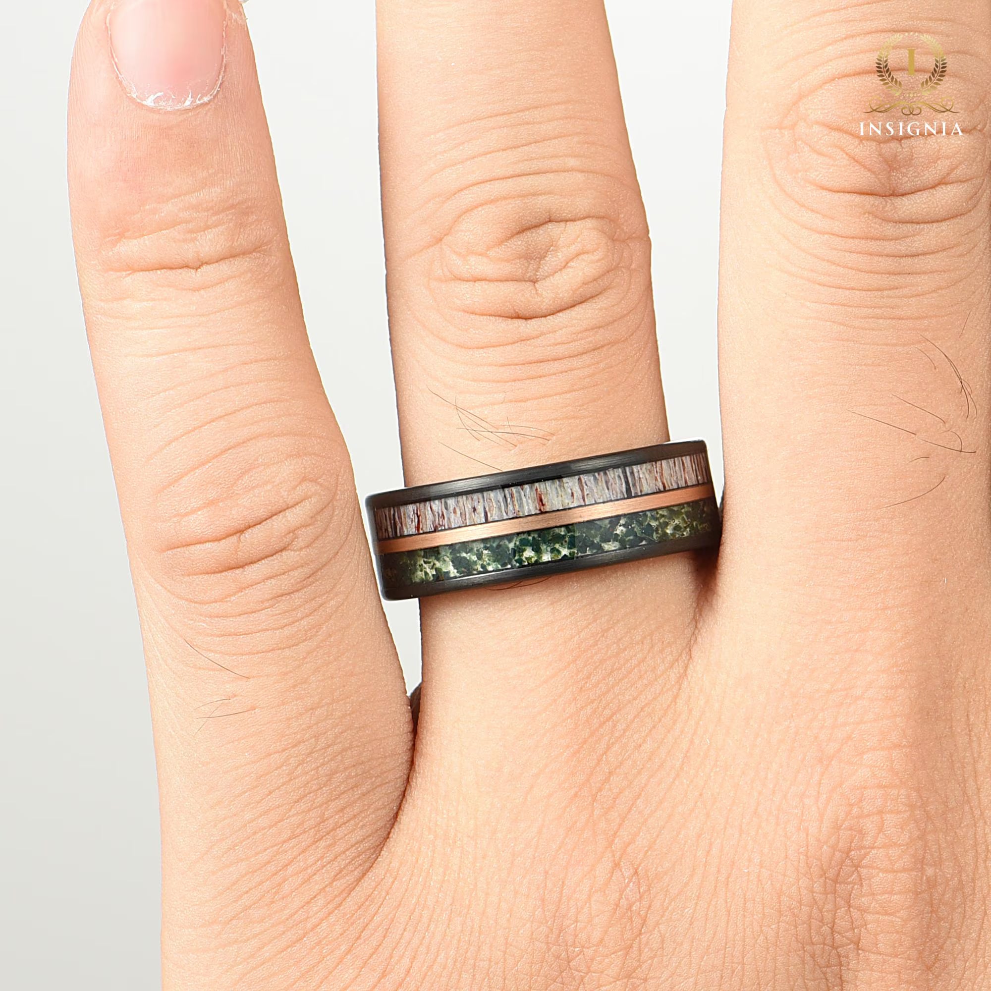 Wedding Bands For Him Moss Agate Ring On Finger View
